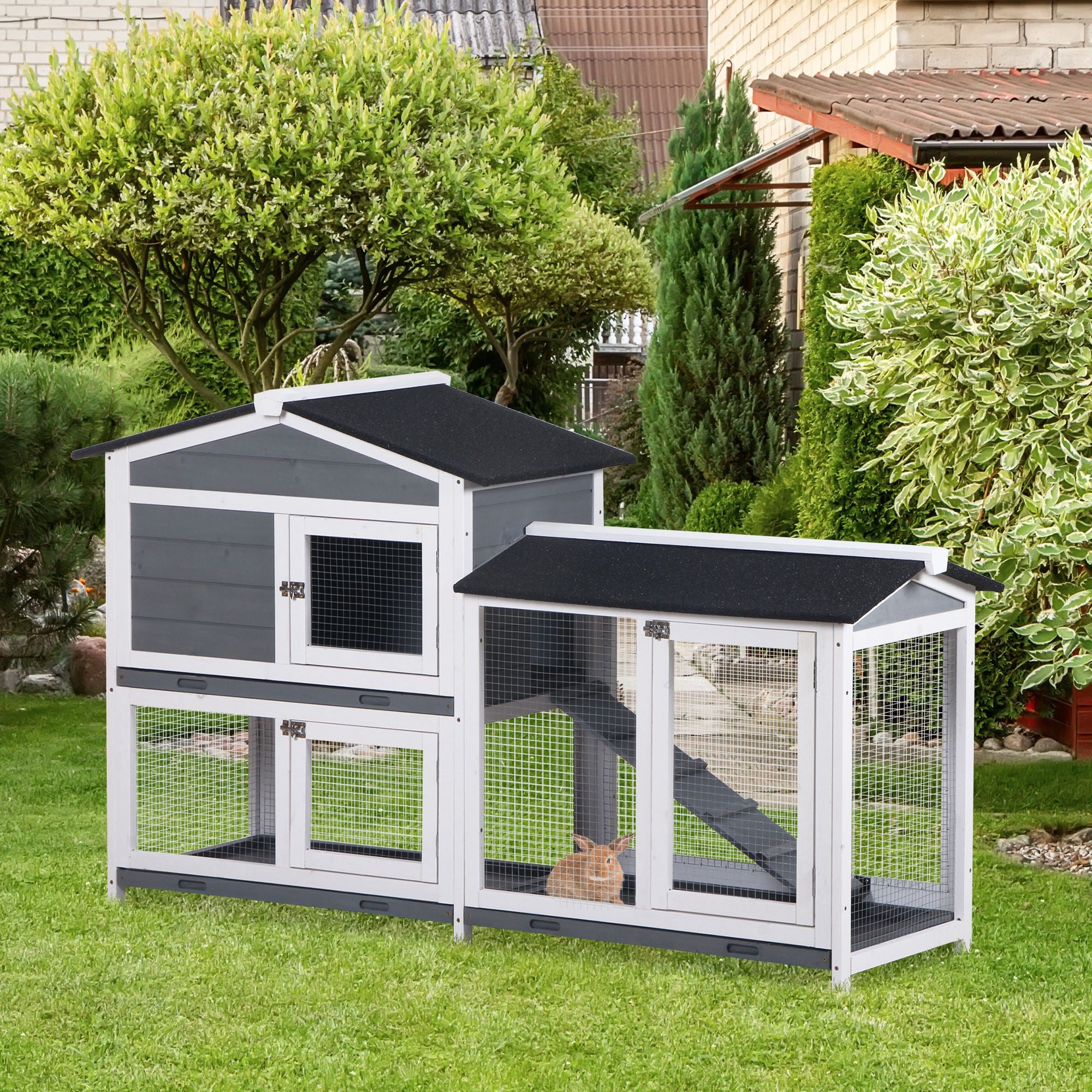 PawHut 2-tier Wood Rabbit Hutch Backyard Bunny Cage Small Animal House w/ Ramp and Outdoor Run, Grey