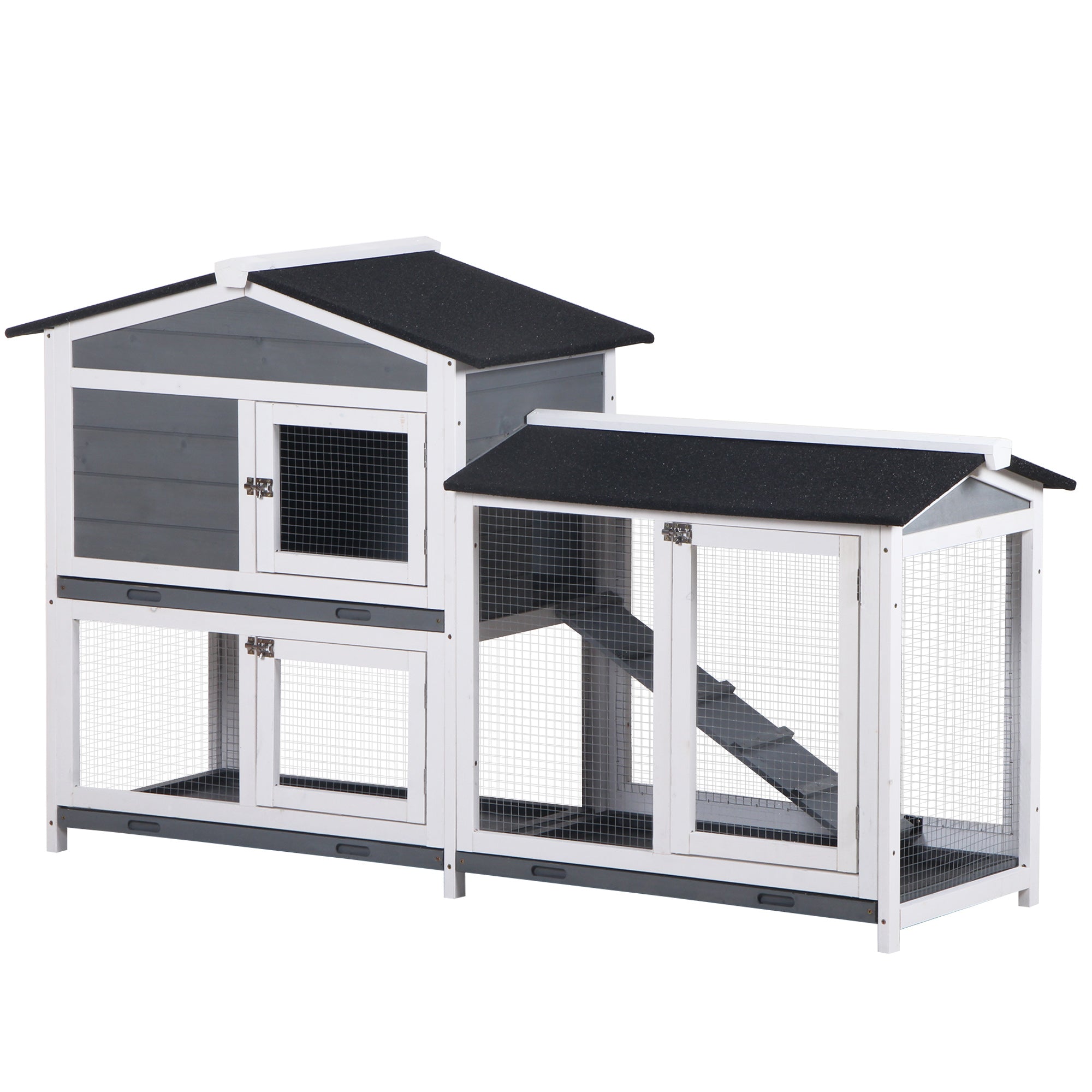 PawHut 2-tier Wood Rabbit Hutch Backyard Bunny Cage Small Animal House w/ Ramp and Outdoor Run, Grey