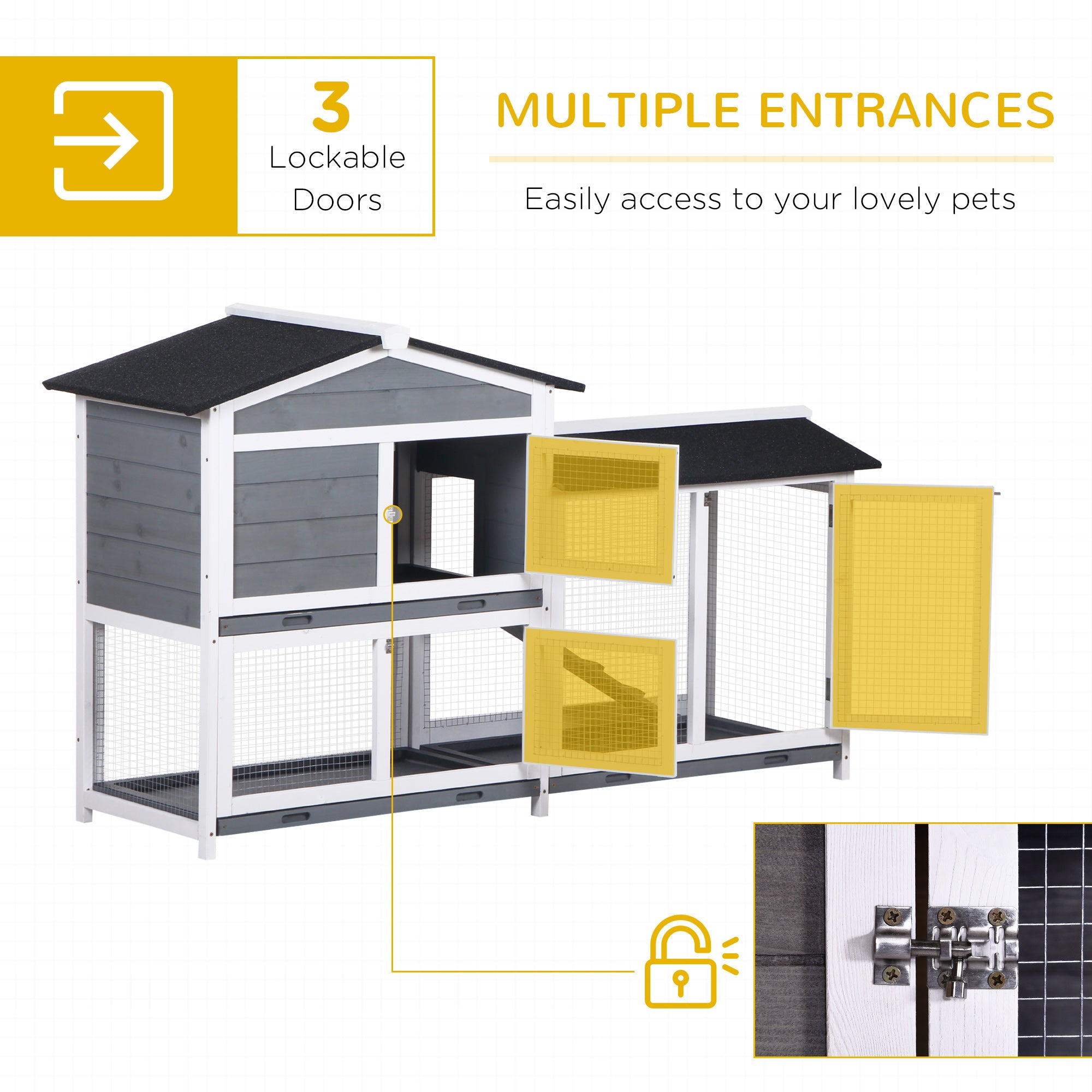 PawHut 2-tier Wood Rabbit Hutch Backyard Bunny Cage Small Animal House w/ Ramp and Outdoor Run, Grey