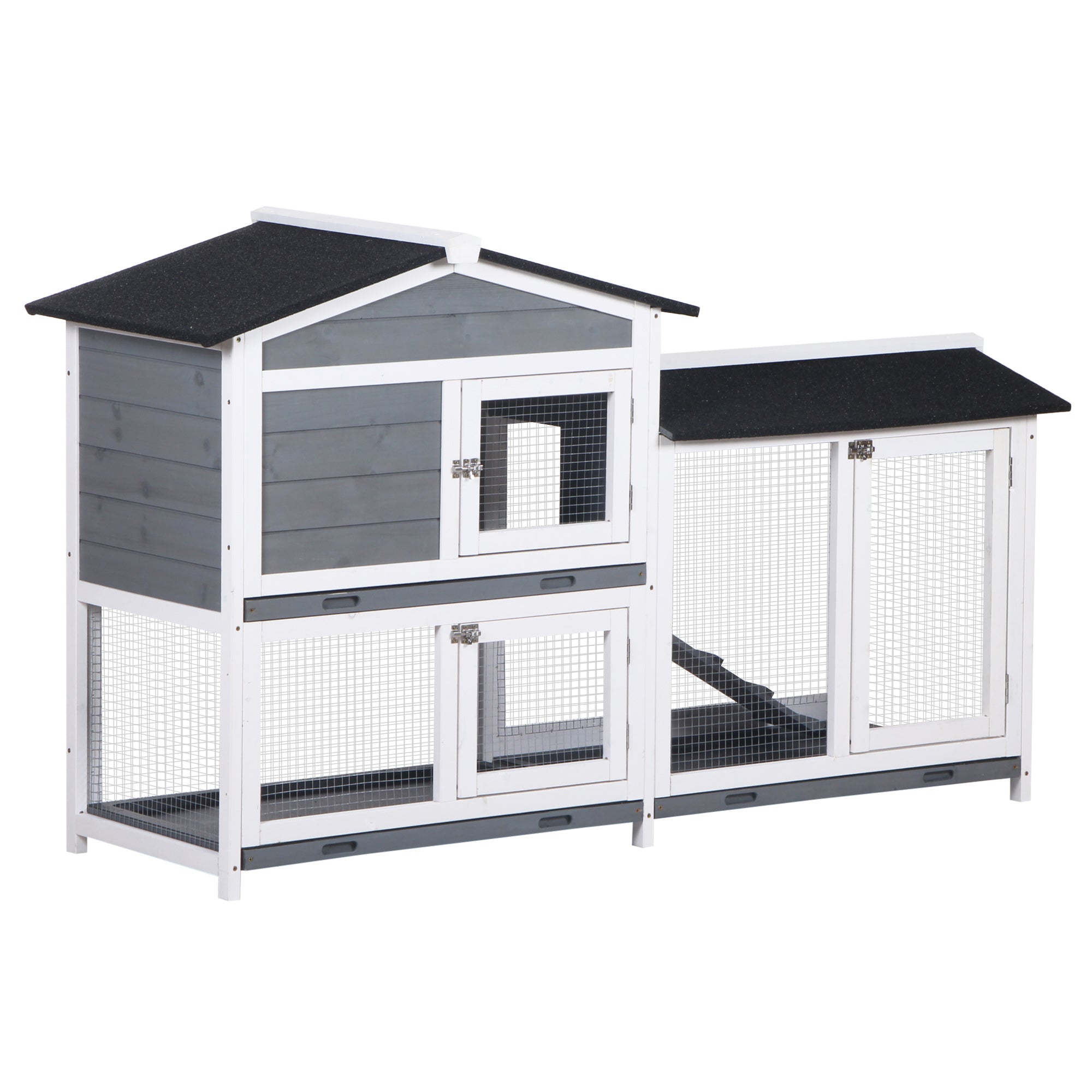 PawHut 2-tier Wood Rabbit Hutch Backyard Bunny Cage Small Animal House w/ Ramp and Outdoor Run, Grey