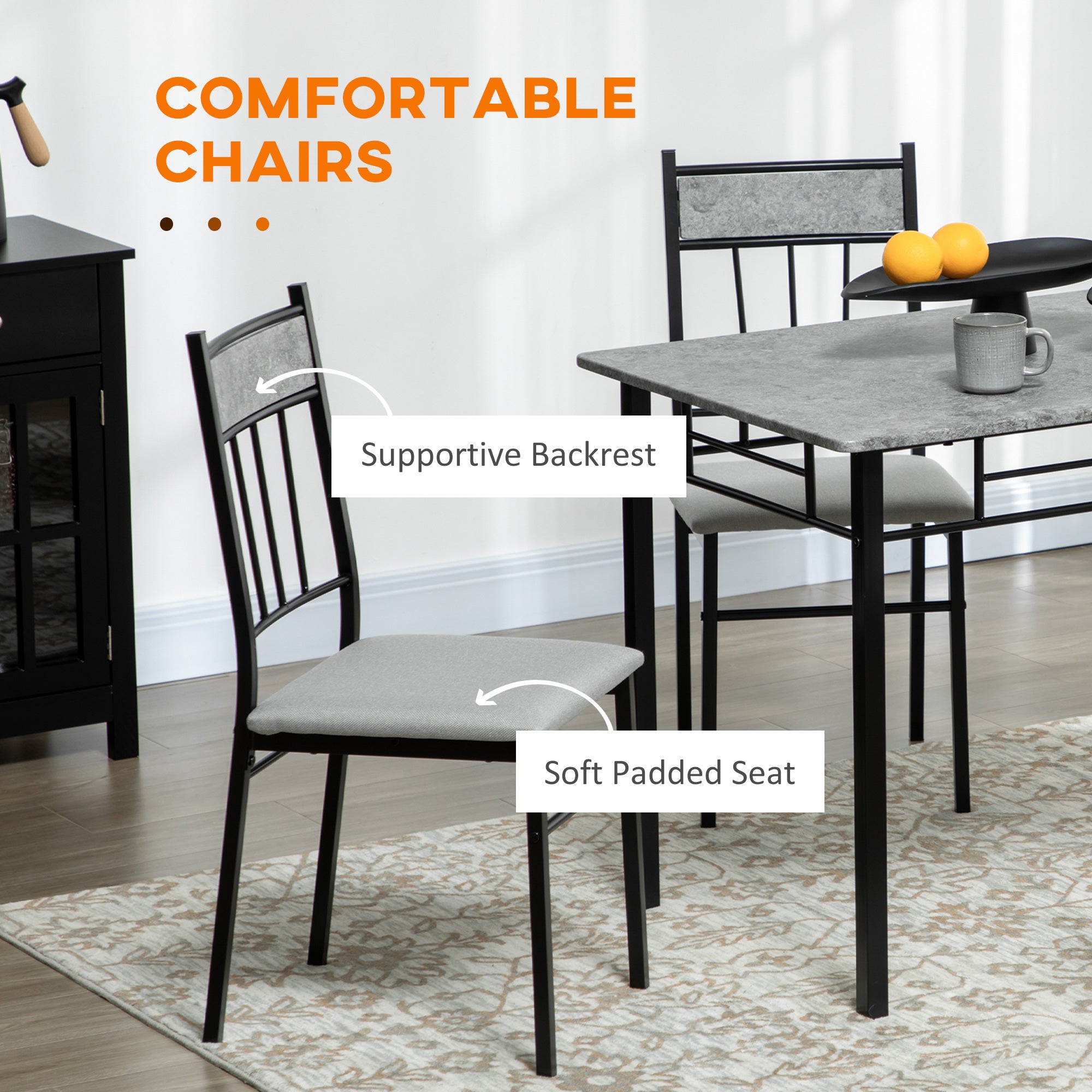 HOMCOM 5 Pieces Dining Table Set, Modern Kitchen Table and Chairs Set for 4 People with Marble Effect Tabletop, Padded Chairs and Metal Frame, 42.1