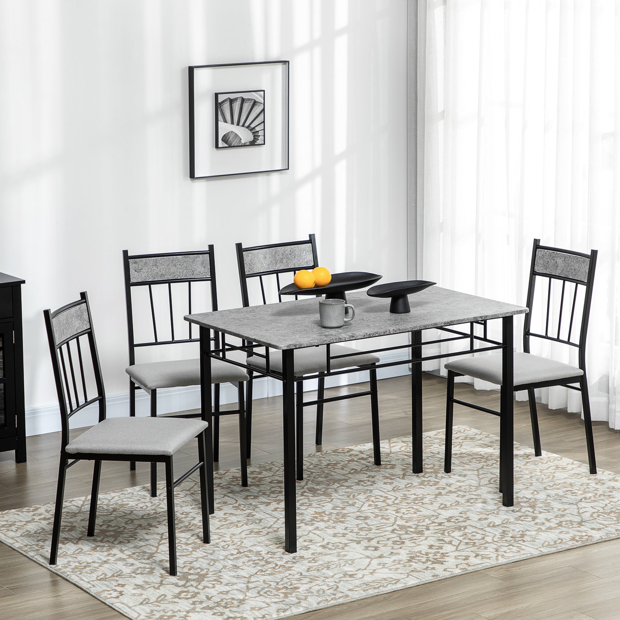 HOMCOM 5 Pieces Dining Table Set, Modern Kitchen Table and Chairs Set for 4 People with Marble Effect Tabletop, Padded Chairs and Metal Frame, 42.1" x 27.6", Grey