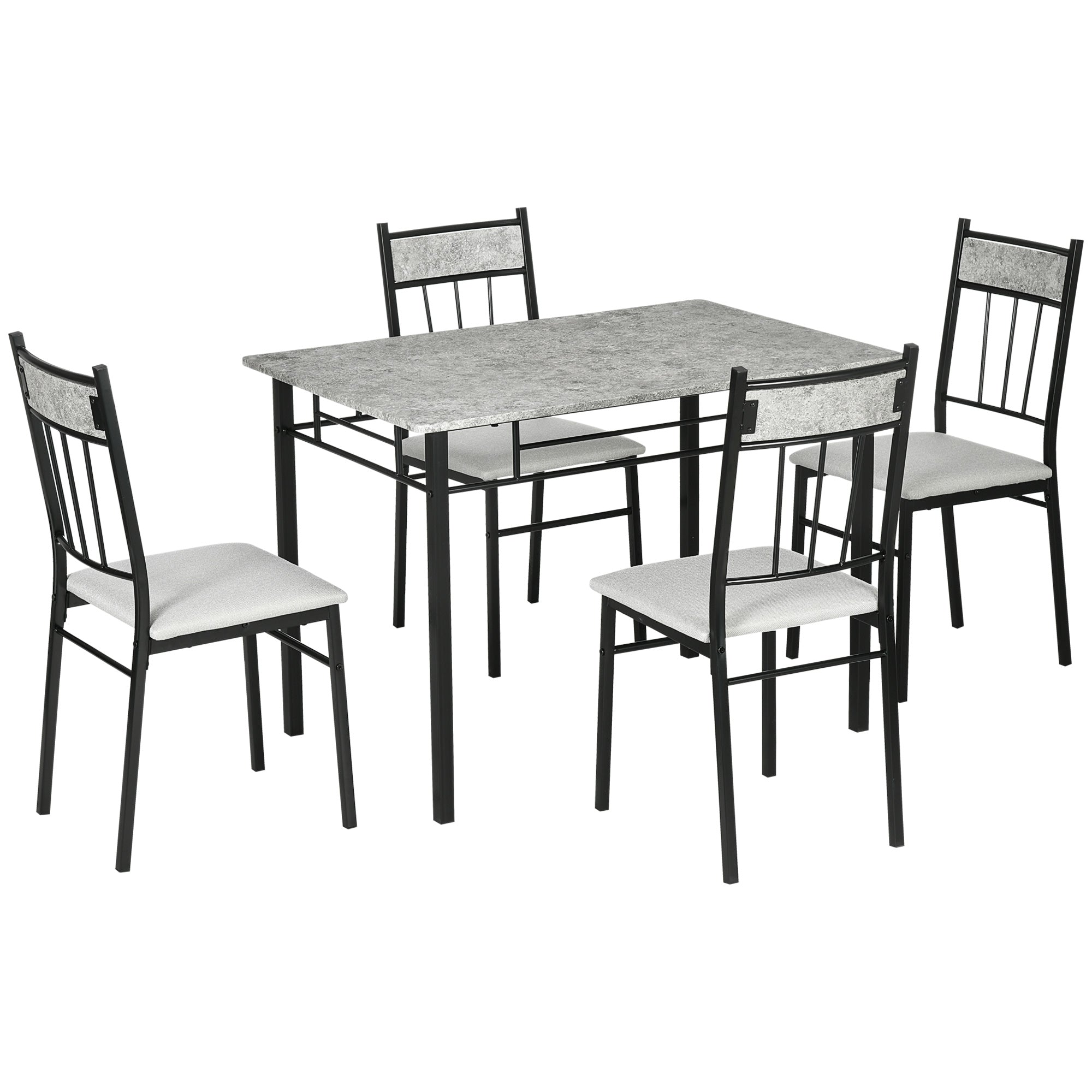 HOMCOM 5 Pieces Dining Table Set, Modern Kitchen Table and Chairs Set for 4 People with Marble Effect Tabletop, Padded Chairs and Metal Frame, 42.1" x 27.6", Grey