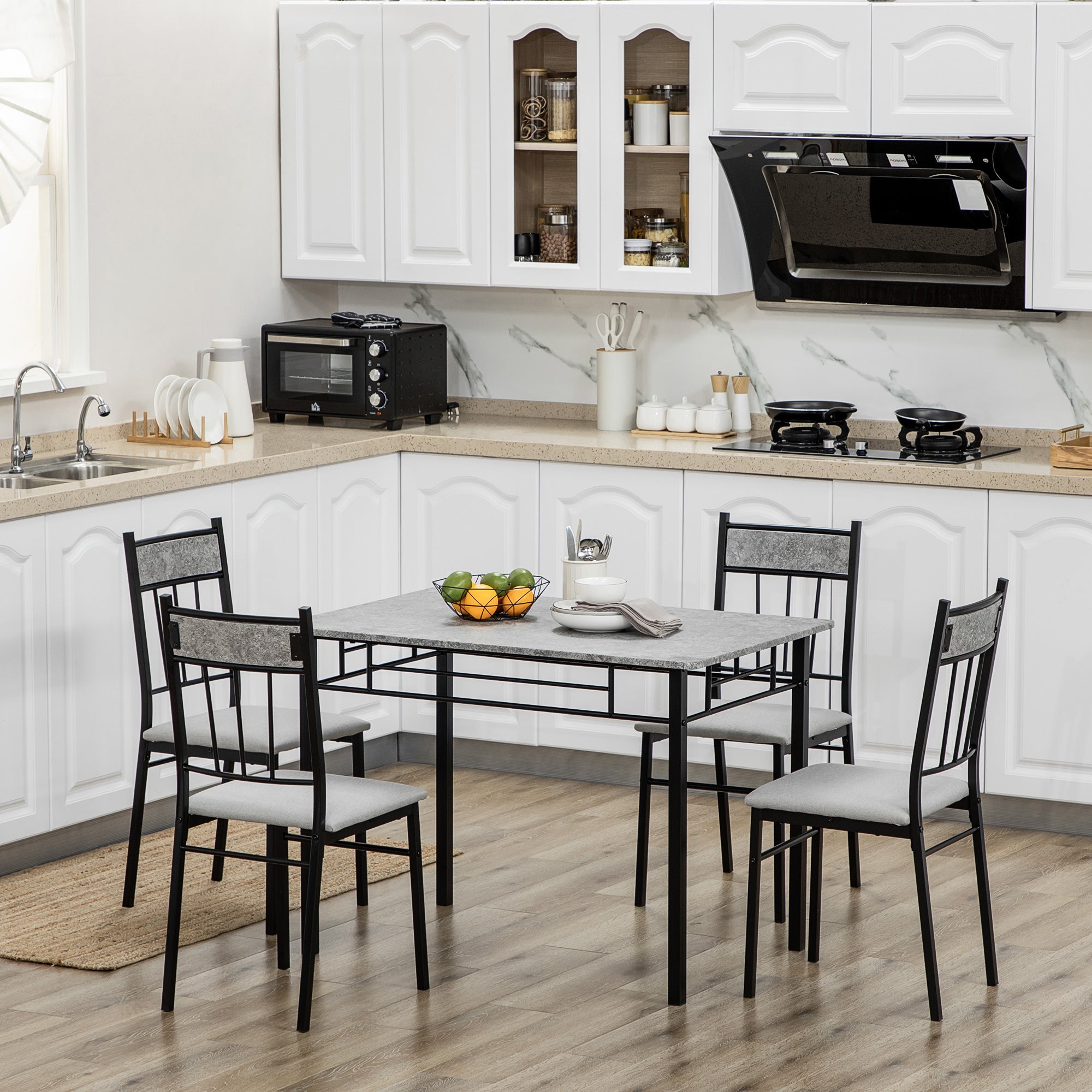 HOMCOM 5 Pieces Dining Table Set, Modern Kitchen Table and Chairs Set for 4 People with Marble Effect Tabletop, Padded Chairs and Metal Frame, 42.1