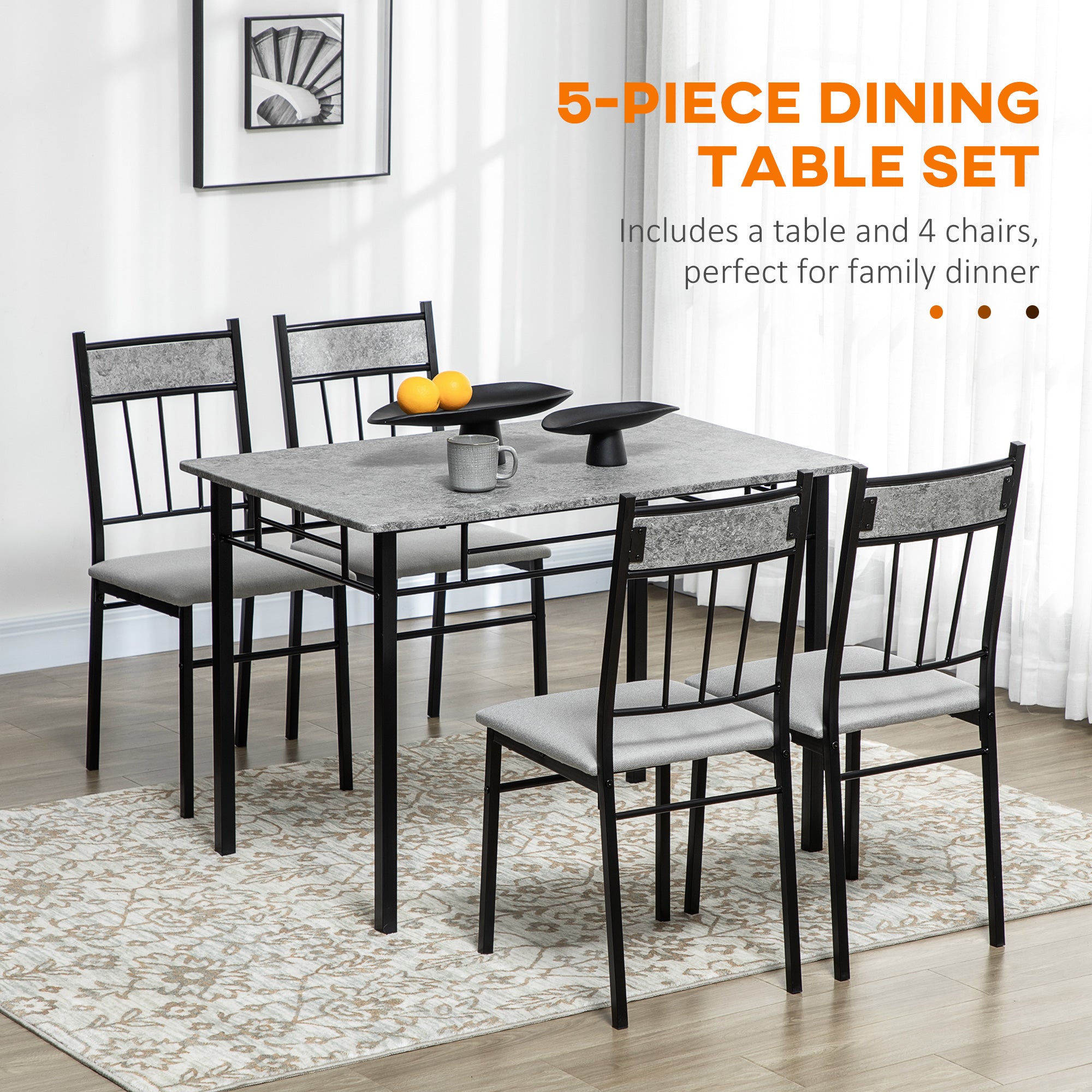 HOMCOM 5 Pieces Dining Table Set, Modern Kitchen Table and Chairs Set for 4 People with Marble Effect Tabletop, Padded Chairs and Metal Frame, 42.1" x 27.6", Grey