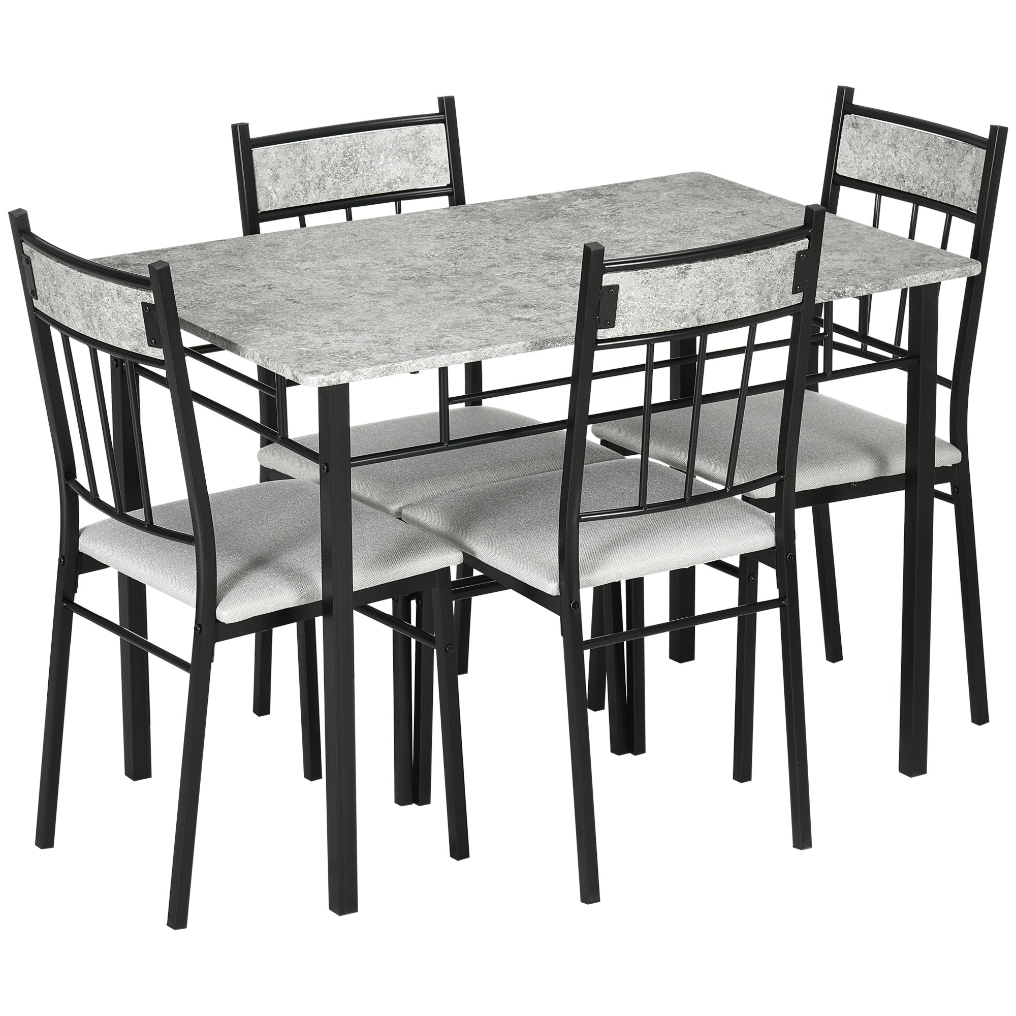 HOMCOM 5 Pieces Dining Table Set, Modern Kitchen Table and Chairs Set for 4 People with Marble Effect Tabletop, Padded Chairs and Metal Frame, 42.1" x 27.6", Grey