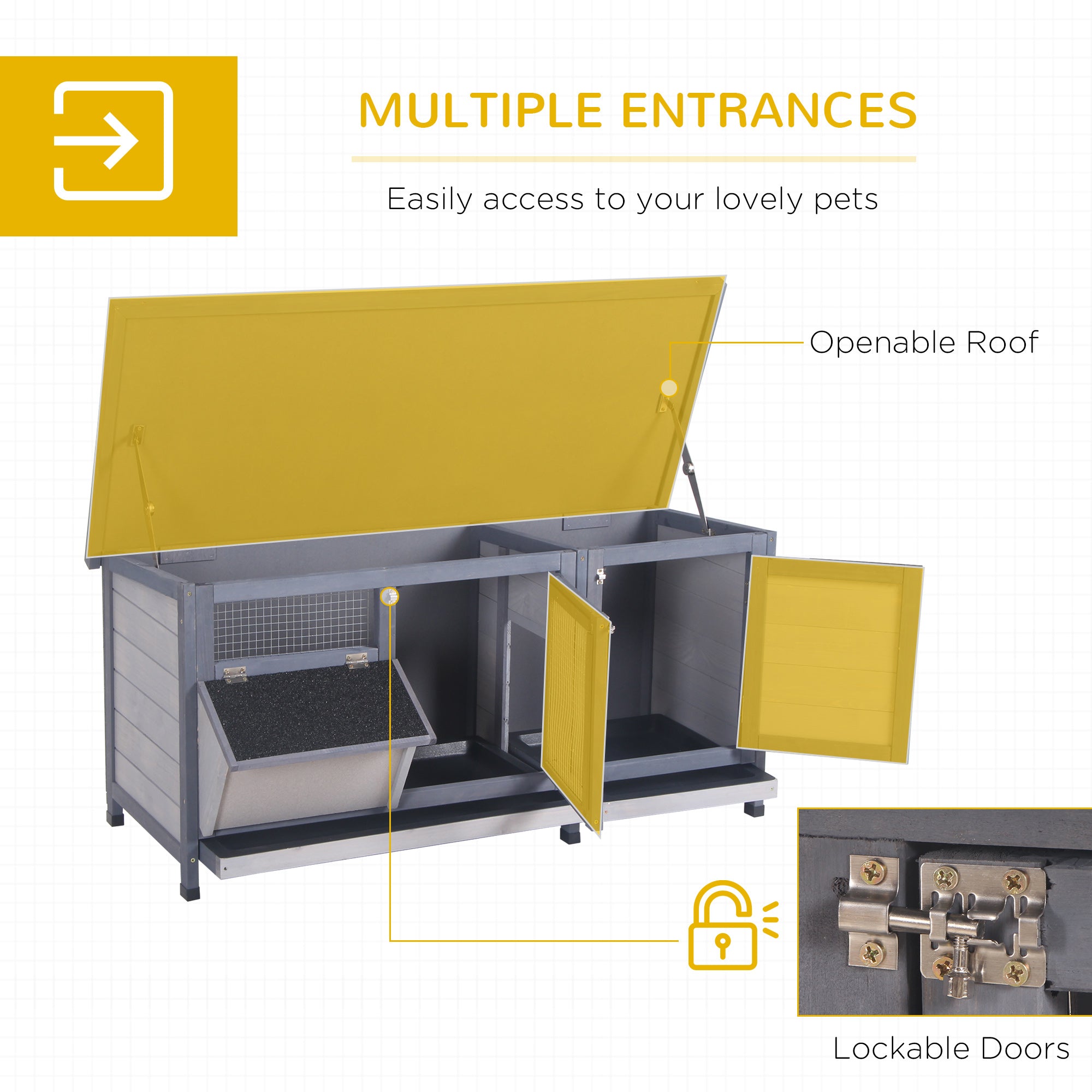 PawHut Wooden Rabbit Hutch Bunny Cage Guinea Pig House Outdoor with Sliding Out Tray, Openable Roof, Feeding Trough, Grey