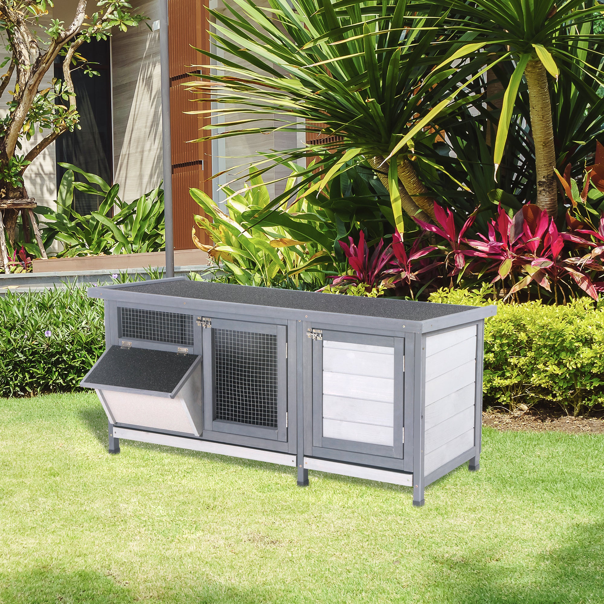 PawHut Wooden Rabbit Hutch Bunny Cage Guinea Pig House Outdoor with Sliding Out Tray, Openable Roof, Feeding Trough, Grey