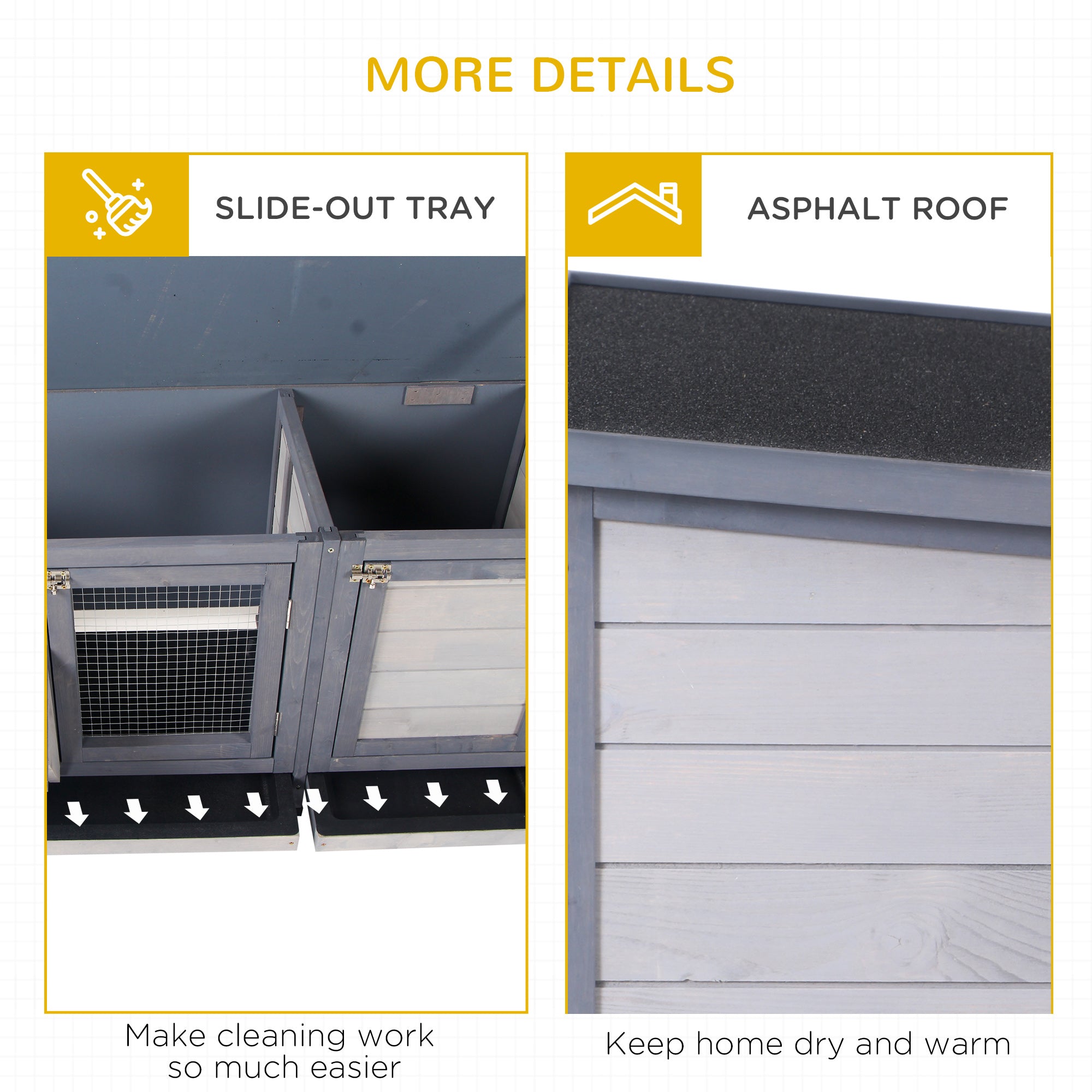 PawHut Wooden Rabbit Hutch Bunny Cage Guinea Pig House Outdoor with Sliding Out Tray, Openable Roof, Feeding Trough, Grey