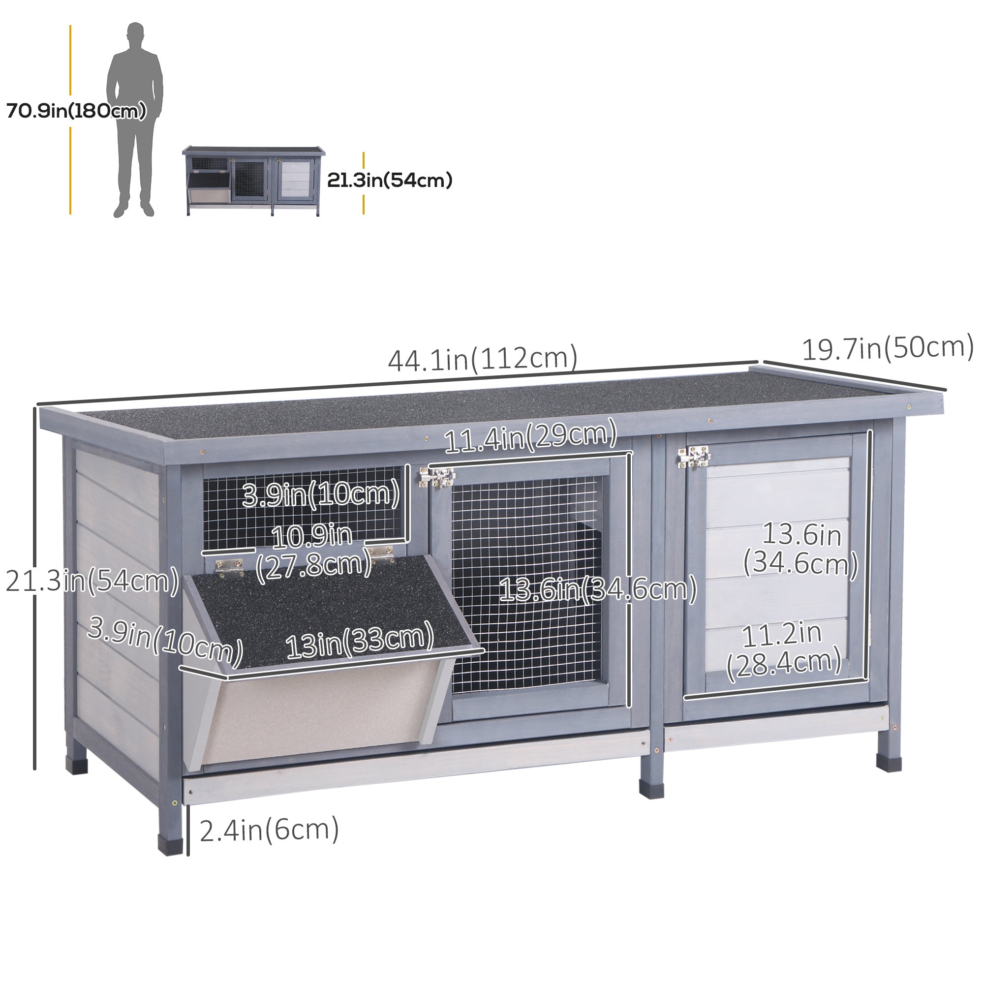 PawHut Wooden Rabbit Hutch Bunny Cage Guinea Pig House Outdoor with Sliding Out Tray, Openable Roof, Feeding Trough, Grey