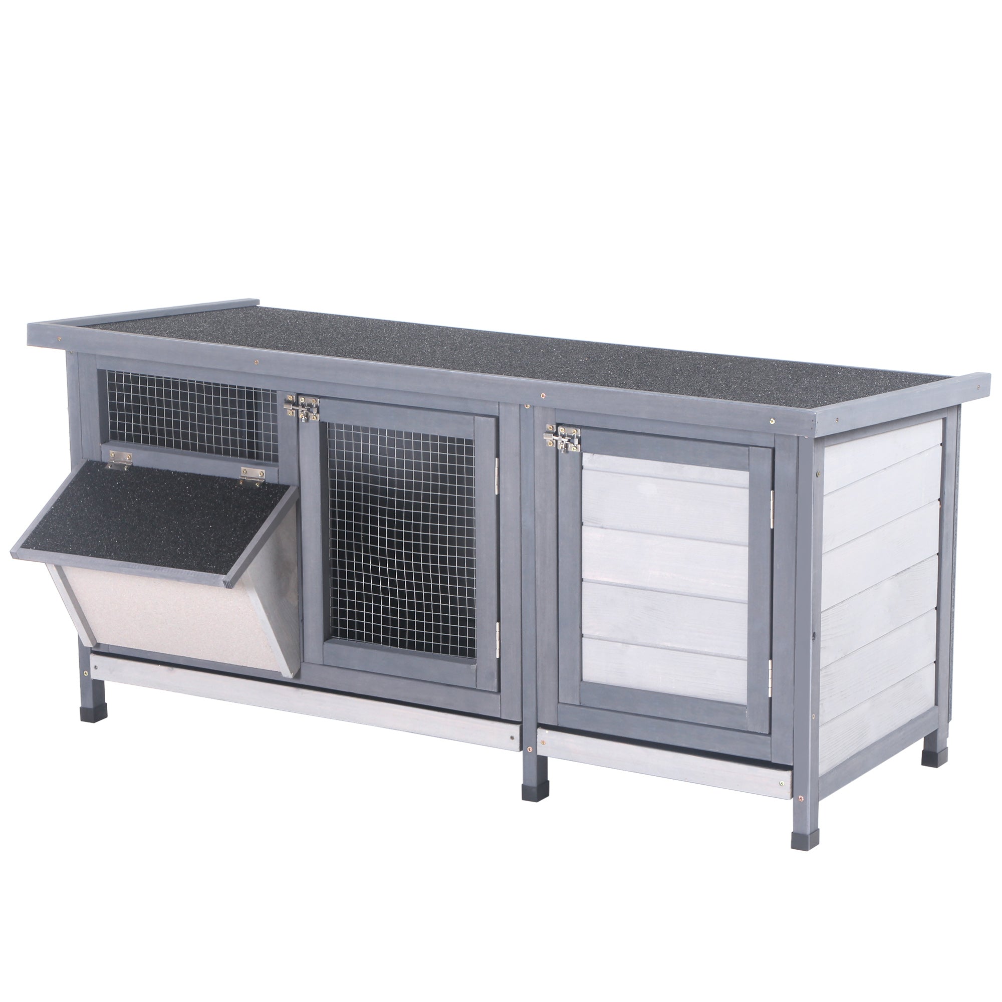 PawHut Wooden Rabbit Hutch Bunny Cage Guinea Pig House Outdoor with Sliding Out Tray, Openable Roof, Feeding Trough, Grey