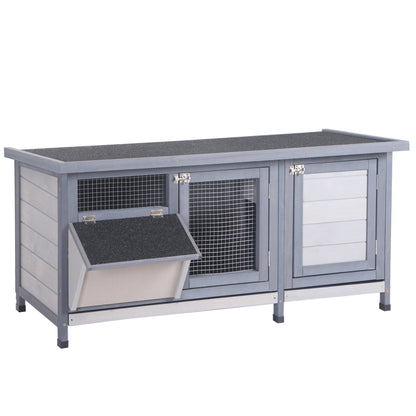PawHut Wooden Rabbit Hutch Bunny Cage Guinea Pig House Outdoor with Sliding Out Tray, Openable Roof, Feeding Trough, Grey