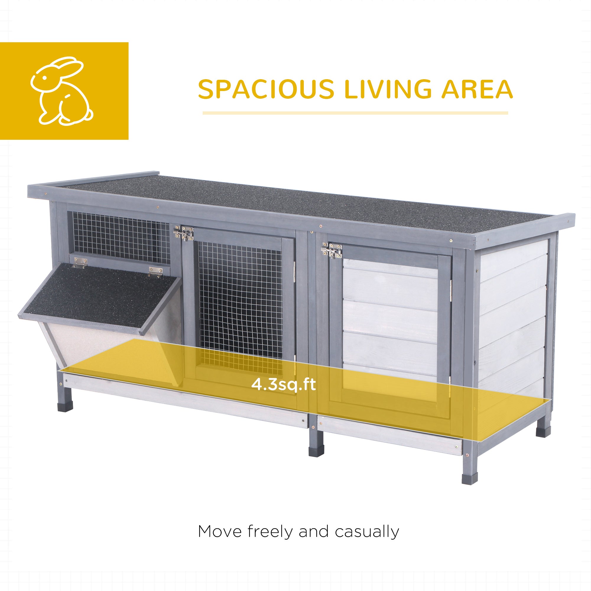 PawHut Wooden Rabbit Hutch Bunny Cage Guinea Pig House Outdoor with Sliding Out Tray, Openable Roof, Feeding Trough, Grey