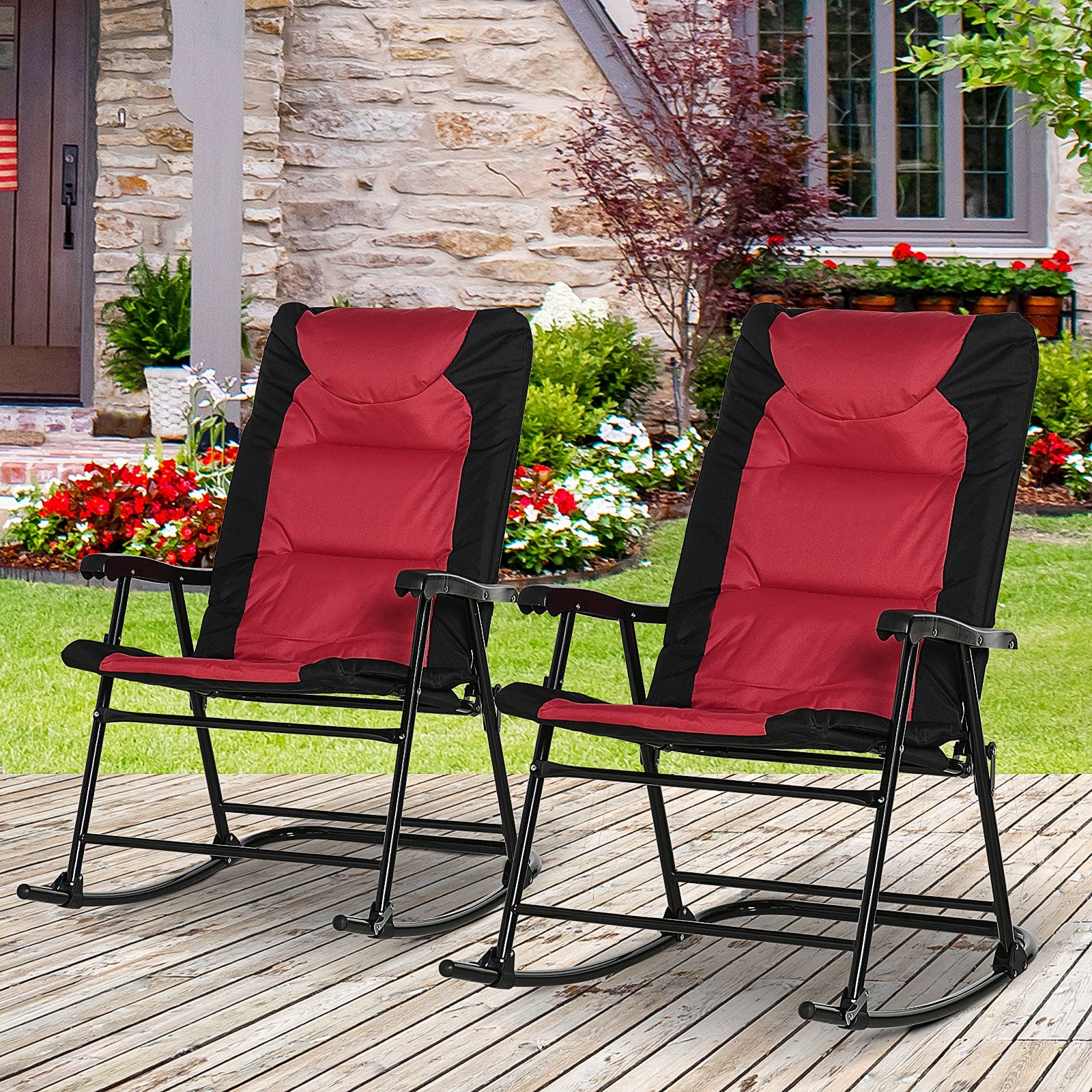 Outsunny 2pc Patio Foldable Rocking Chair Set w/ Soft Padded Seat, Backrest, and Headrest for park, backyard, garden, Red