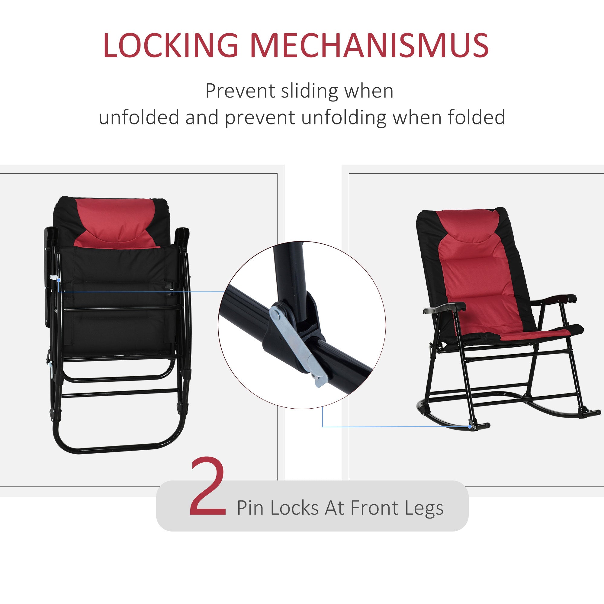 Outsunny 2pc Patio Foldable Rocking Chair Set w/ Soft Padded Seat, Backrest, and Headrest for park, backyard, garden, Red