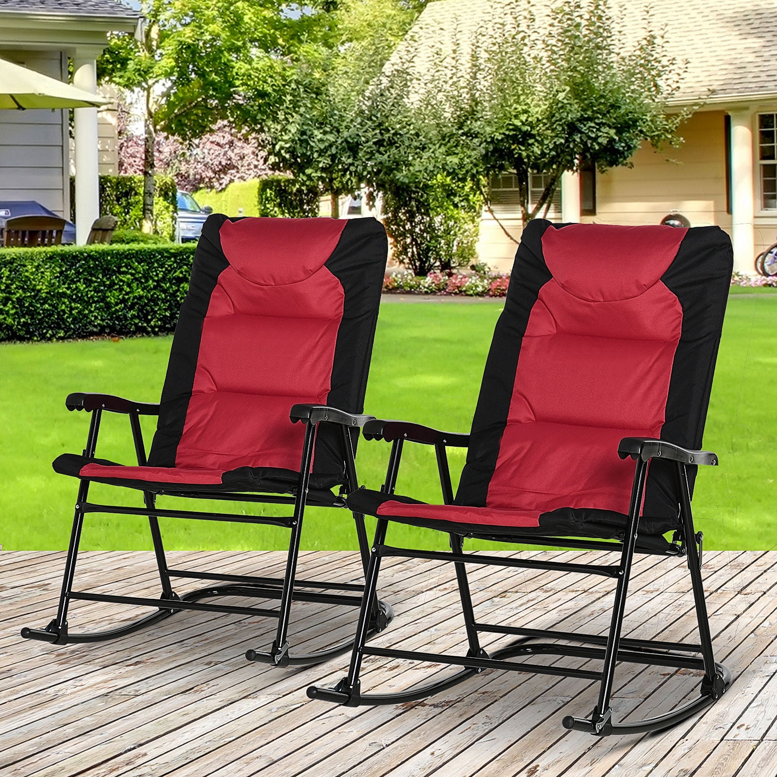 Outsunny 2pc Patio Foldable Rocking Chair Set w/ Soft Padded Seat, Backrest, and Headrest for park, backyard, garden, Red