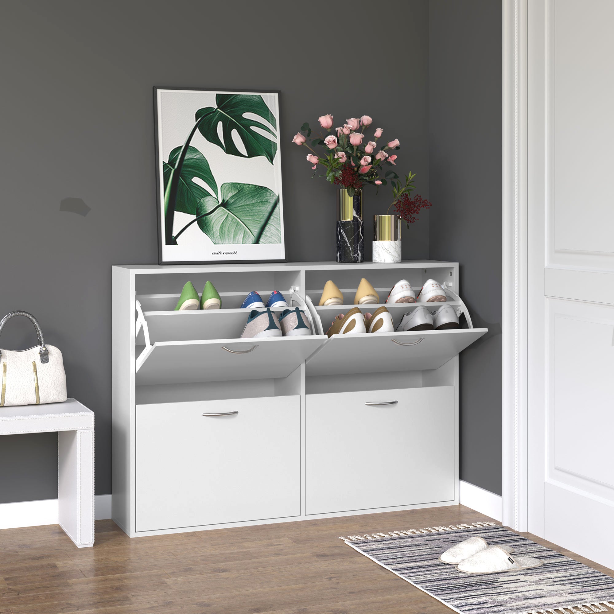 HOMCOM Shoe Cabinet for Entryway Hallway Shoe Organizer with 4 Flip Drawers and Adjustable Shelves for 24 Pairs of Shoes, White