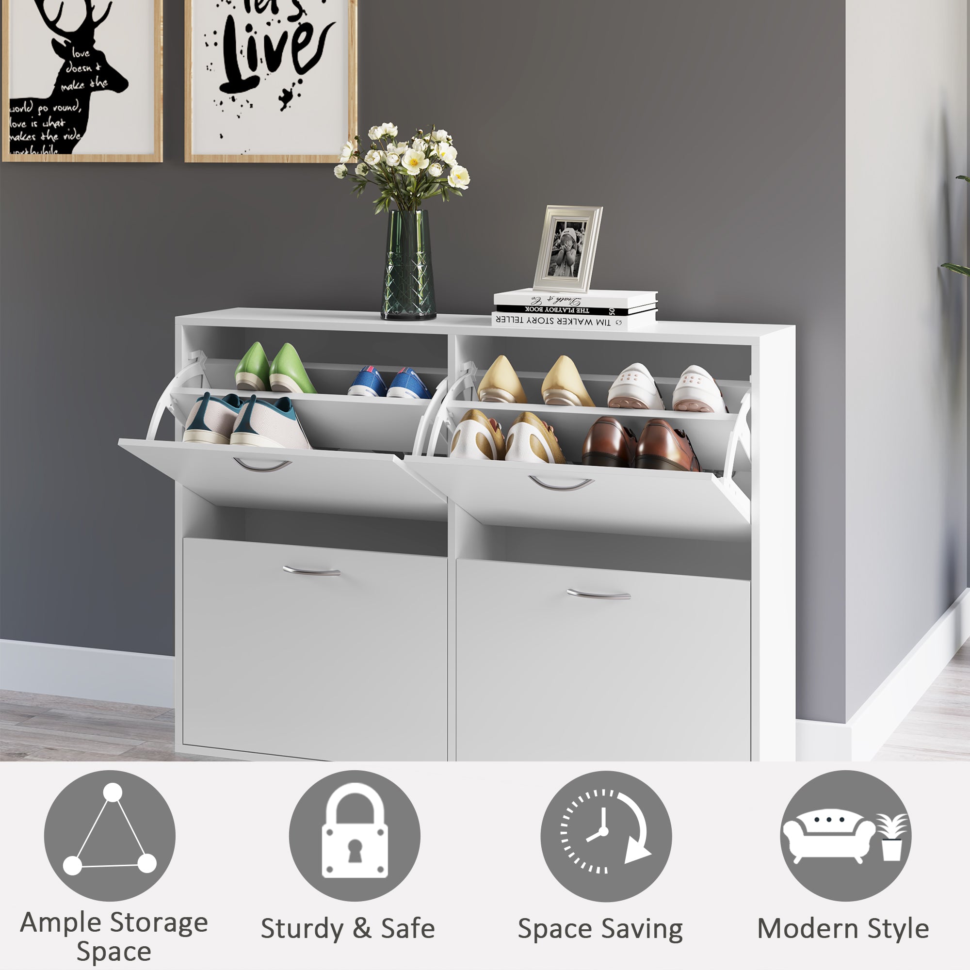 HOMCOM Shoe Cabinet for Entryway Hallway Shoe Organizer with 4 Flip Drawers and Adjustable Shelves for 24 Pairs of Shoes, White