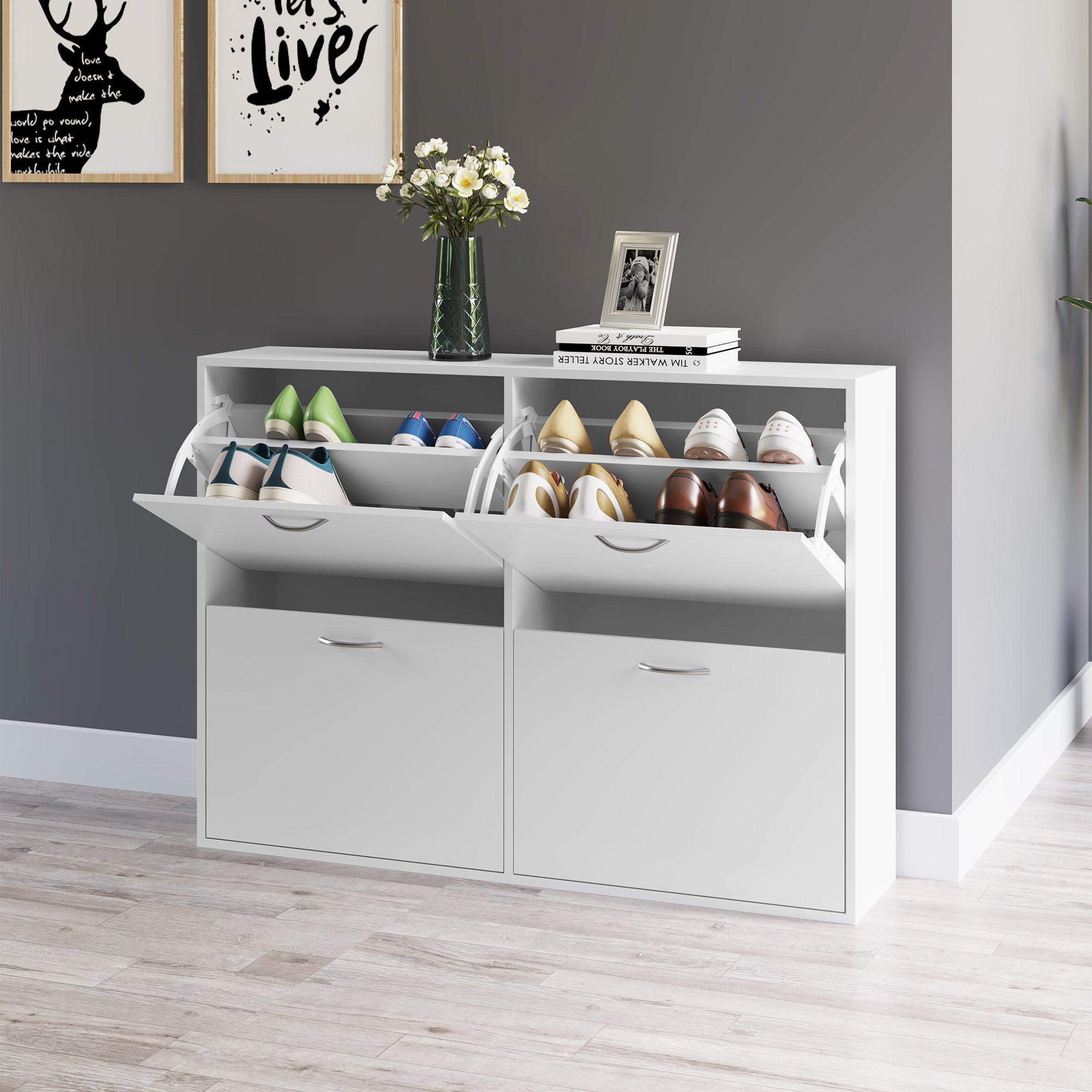 HOMCOM Shoe Cabinet for Entryway Hallway Shoe Organizer with 4 Flip Drawers and Adjustable Shelves for 24 Pairs of Shoes, White