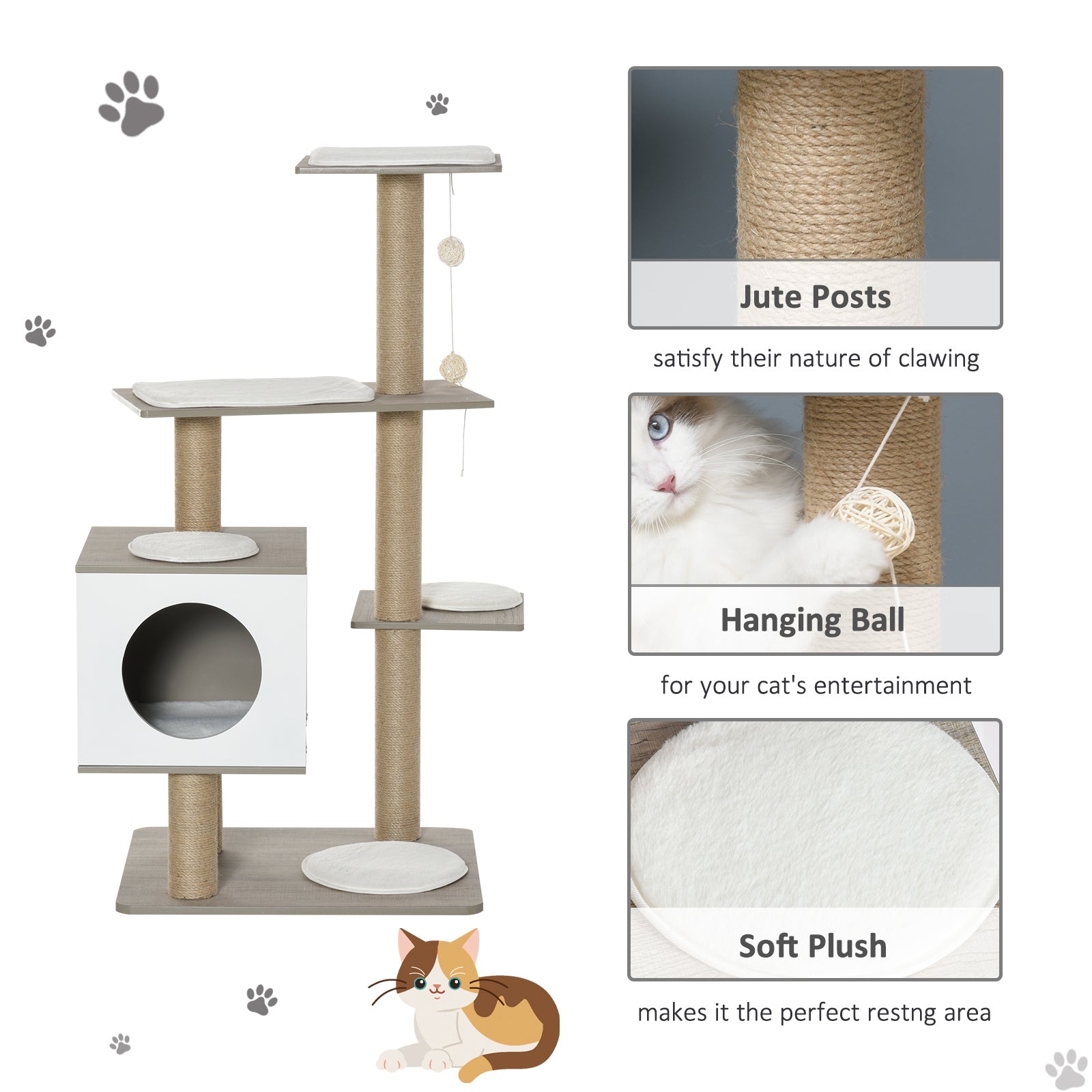 PawHut Cat tree Tower Climbing Activity Center Kitten Furniture with Jute Scratching Post Condo Ramp Perch Cushions Velcro Dangling Balls 23.5" x 19" x 48" Light Grey