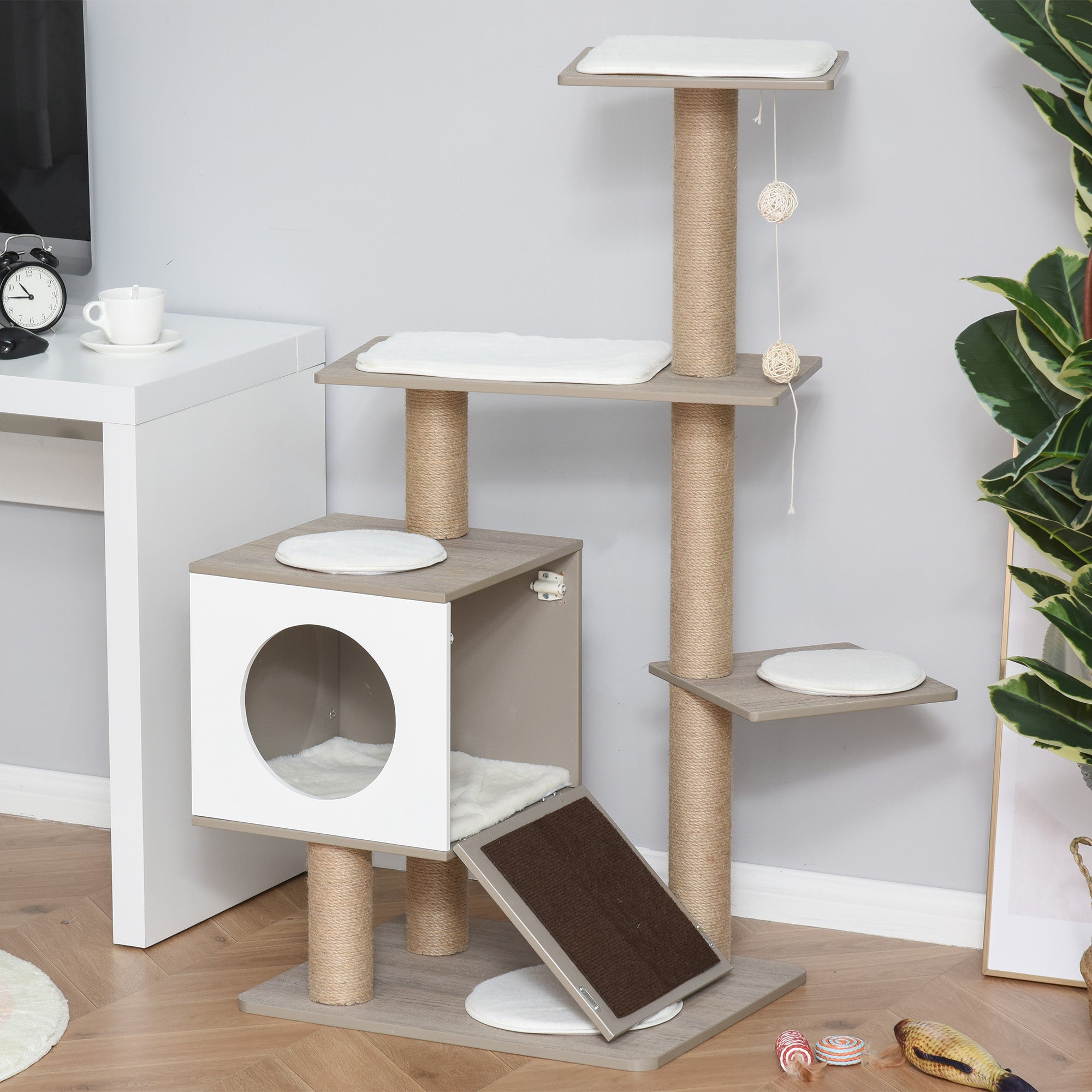 PawHut Cat tree Tower Climbing Activity Center Kitten Furniture with Jute Scratching Post Condo Ramp Perch Cushions Velcro Dangling Balls 23.5" x 19" x 48" Light Grey