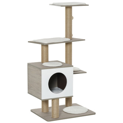 PawHut Cat tree Tower Climbing Activity Center Kitten Furniture with Jute Scratching Post Condo Ramp Perch Cushions Velcro Dangling Balls 23.5" x 19" x 48" Light Grey