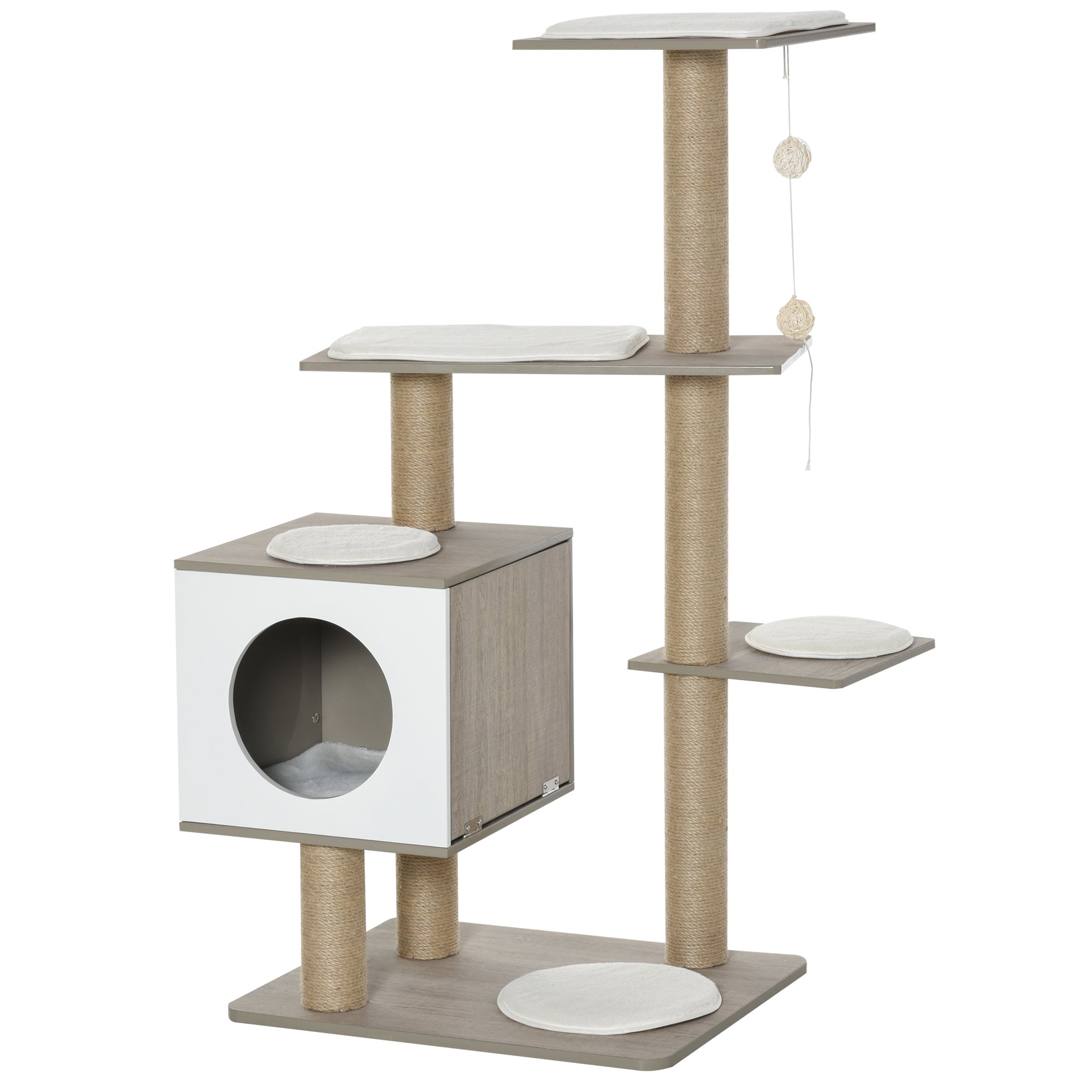PawHut Cat tree Tower Climbing Activity Center Kitten Furniture with Jute Scratching Post Condo Ramp Perch Cushions Velcro Dangling Balls 23.5" x 19" x 48" Light Grey