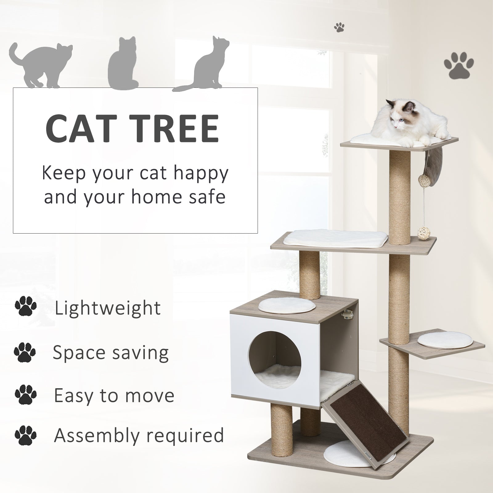 PawHut Cat tree Tower Climbing Activity Center Kitten Furniture with Jute Scratching Post Condo Ramp Perch Cushions Velcro Dangling Balls 23.5" x 19" x 48" Light Grey