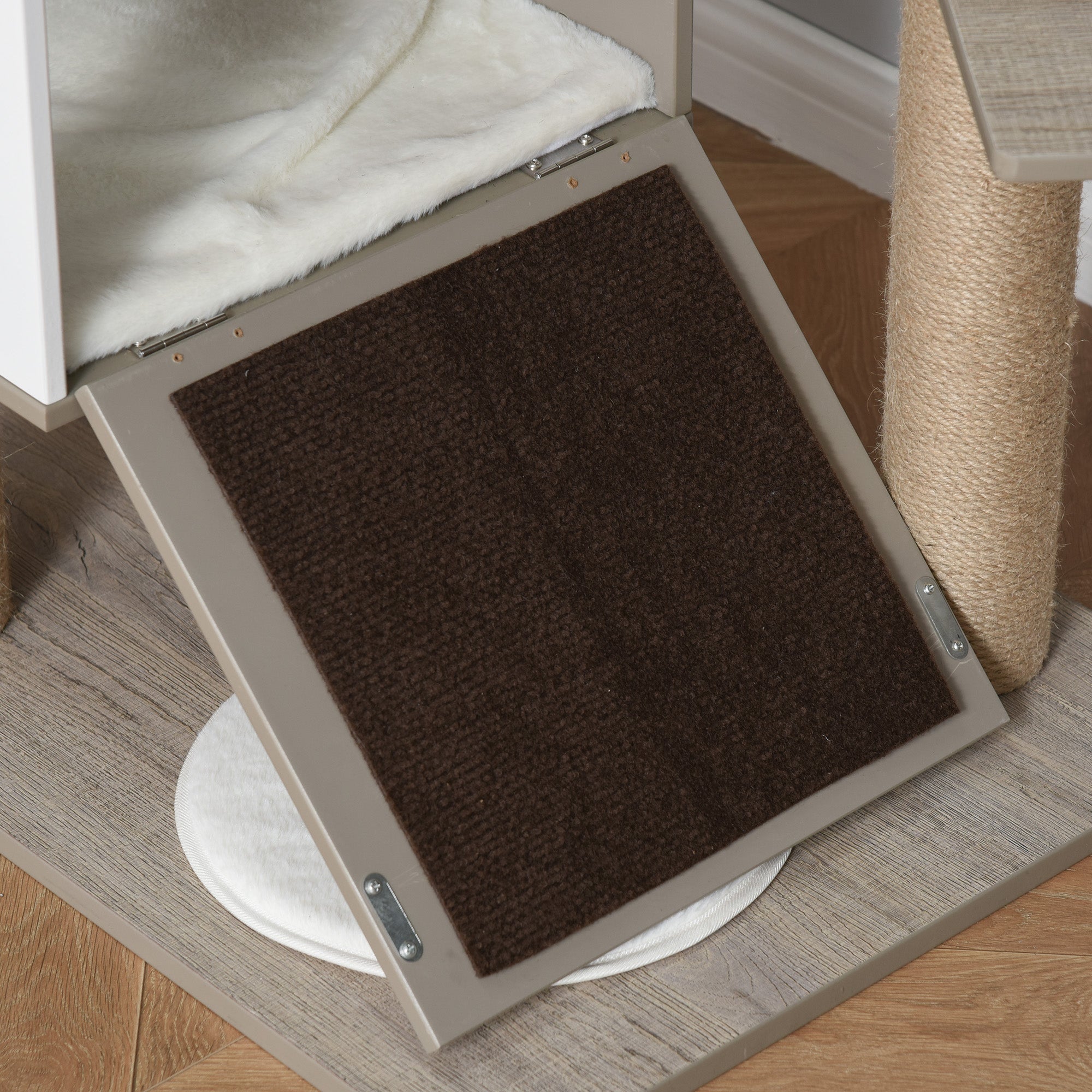 PawHut Cat tree Tower Climbing Activity Center Kitten Furniture with Jute Scratching Post Condo Ramp Perch Cushions Velcro Dangling Balls 23.5" x 19" x 48" Light Grey