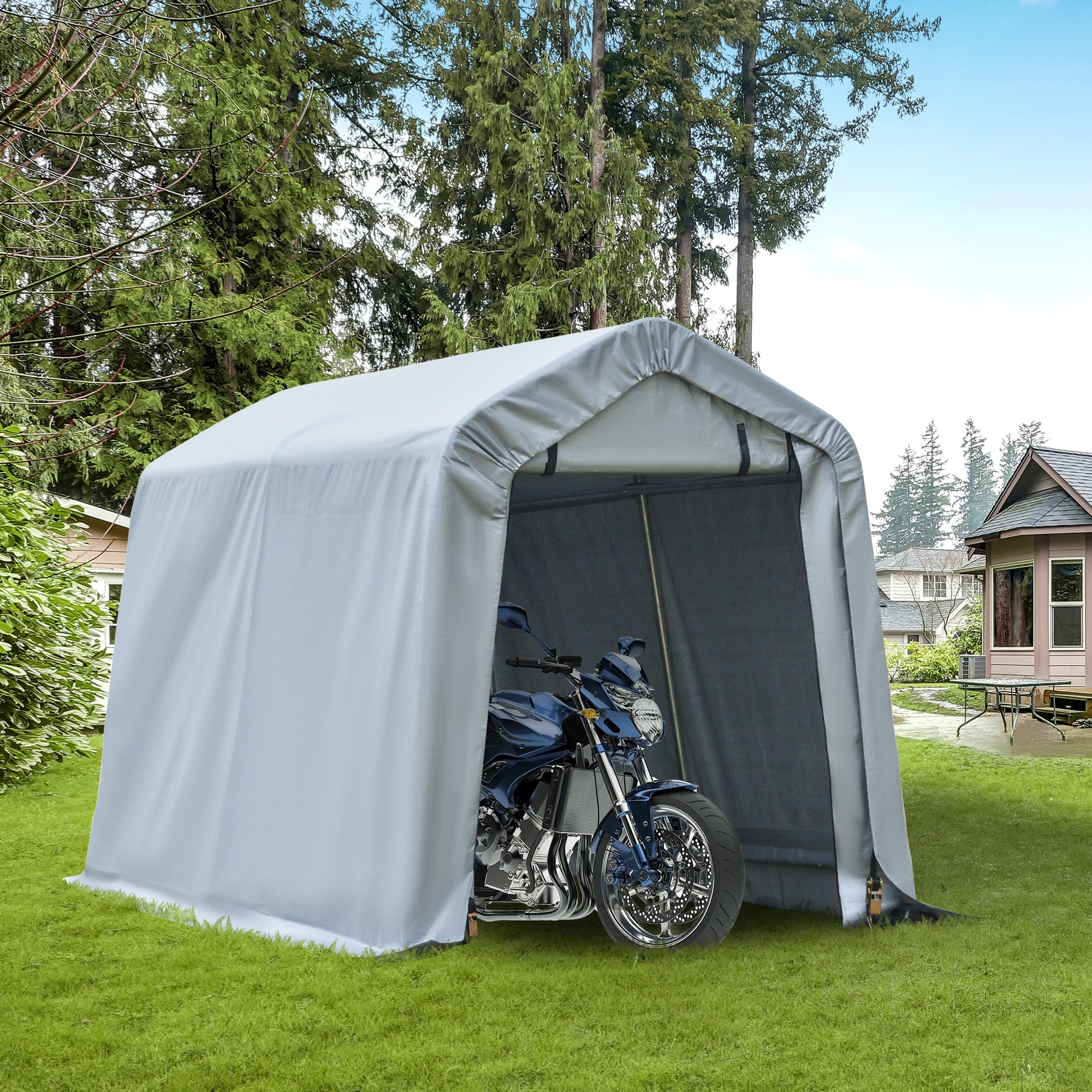 Outsunny 8'x6' Outdoor Storage Shelter with Rollup & Zipper Door, Heavy Duty Carport Shed for Motorcycle Garden Storage, Grey