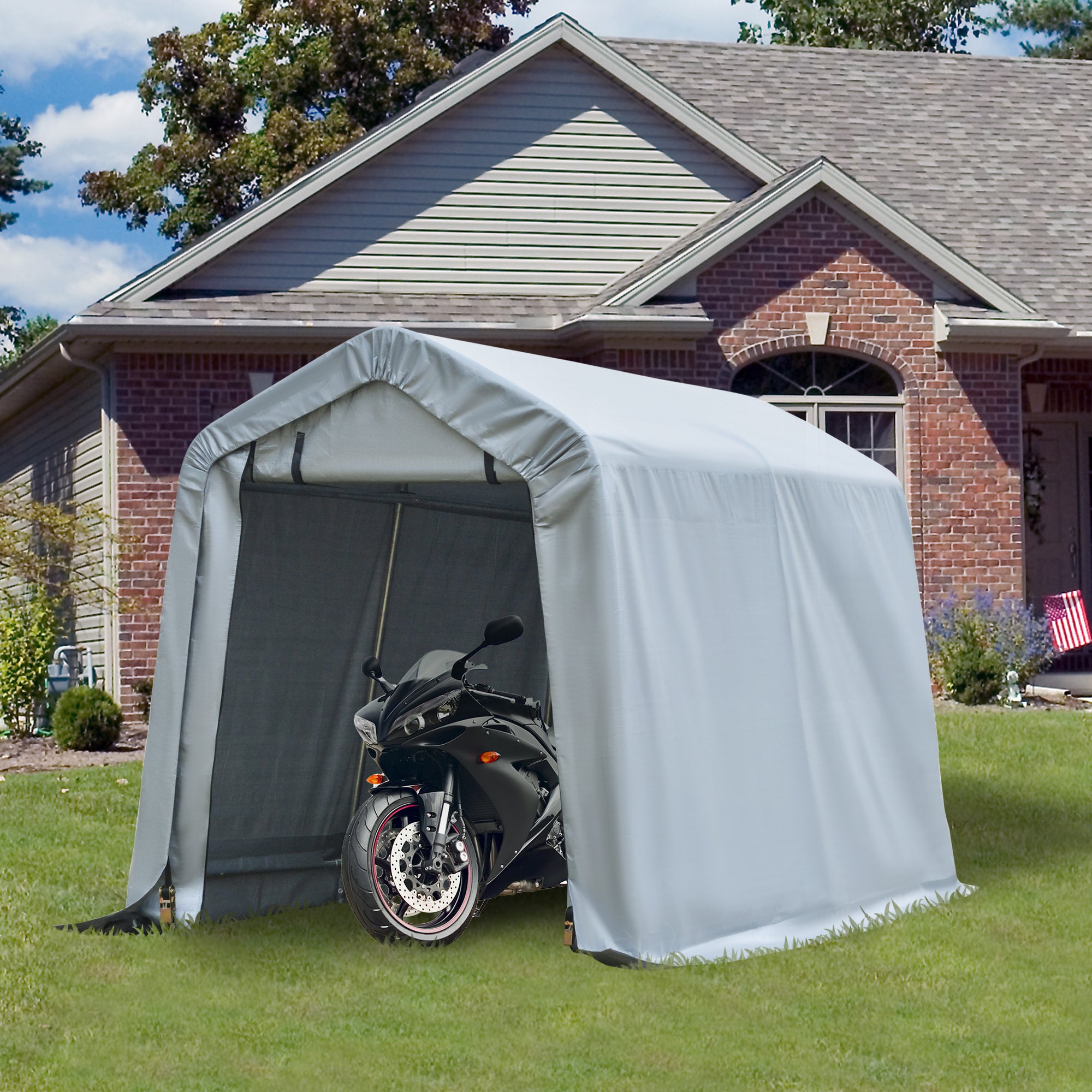 Outsunny 8'x6' Outdoor Storage Shelter with Rollup & Zipper Door, Heavy Duty Carport Shed for Motorcycle Garden Storage, Grey
