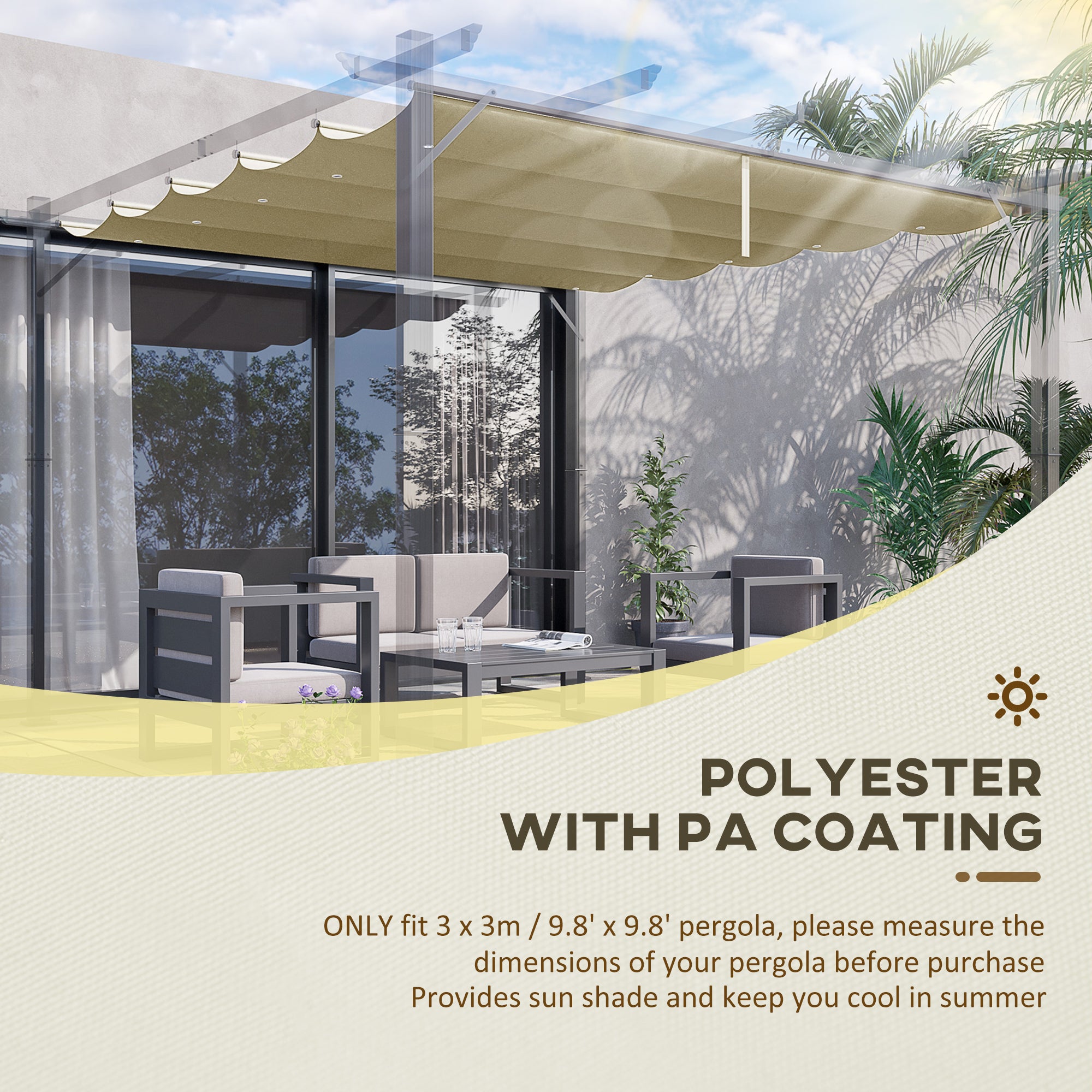 Outsunny Retractable Replacement Pergola Canopy for 10' x 10' Pergola, Pergola Cover Replacement, Beige