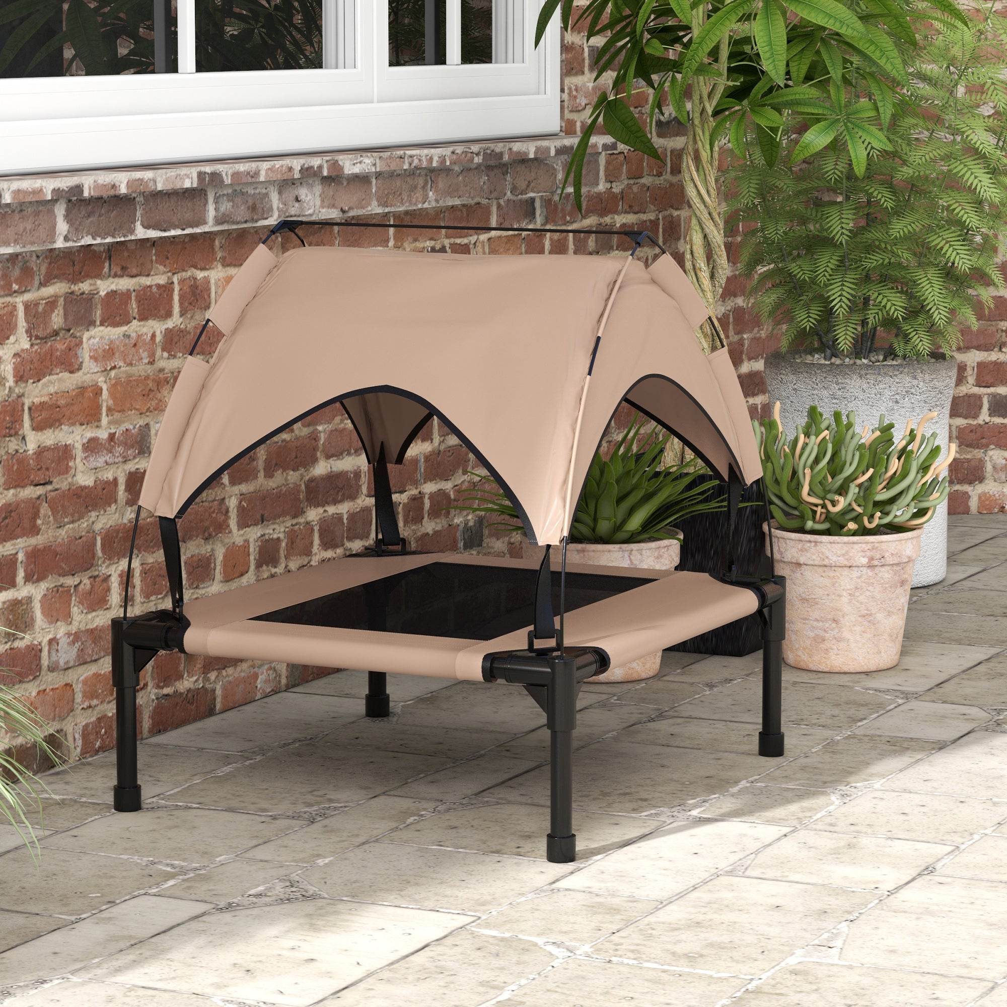 PawHut Elevated Dog Bed with Canopy, Cooling Dog Cot Bed for Camping, Portable Raised Pet Cot with Washable Breathable Mesh, for Indoor Outdoor, S & M Dogs, 30" x 24" x 27", Coffee