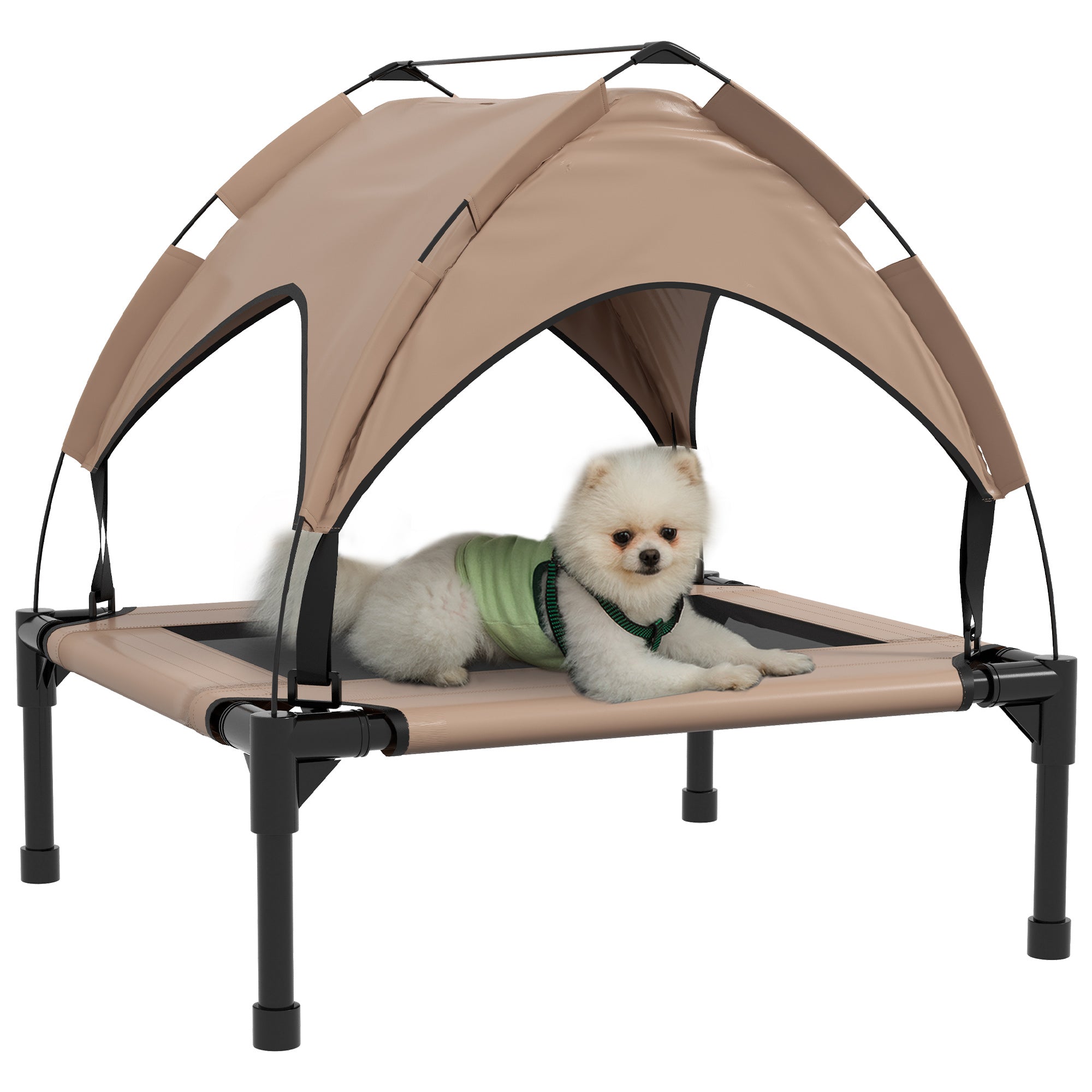 PawHut Elevated Dog Bed with Canopy, Cooling Dog Cot Bed for Camping, Portable Raised Pet Cot with Washable Breathable Mesh, for Indoor Outdoor, S & M Dogs, 30" x 24" x 27", Coffee