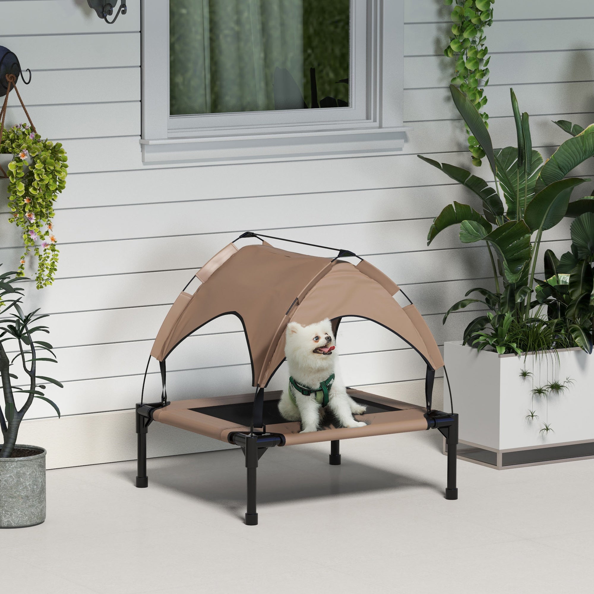 PawHut Elevated Dog Bed with Canopy, Cooling Dog Cot Bed for Camping, Portable Raised Pet Cot with Washable Breathable Mesh, for Indoor Outdoor, S & M Dogs, 30" x 24" x 27", Coffee