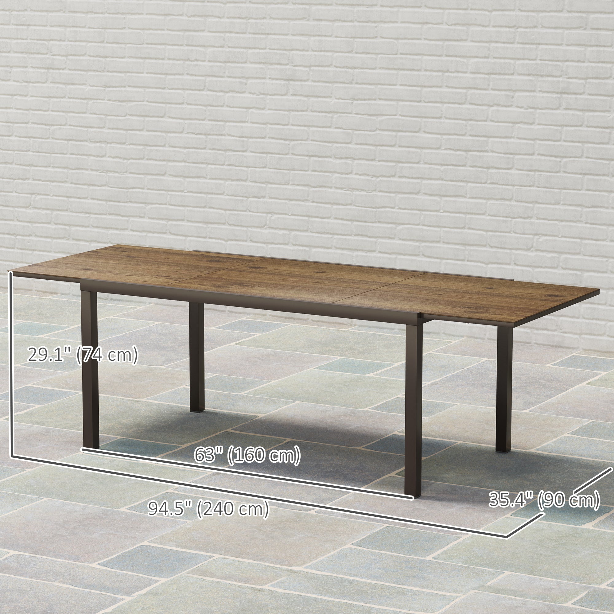 Outsunny Extendable Patio Dining Table, 63"-94.5" Adjustable Outdoor Dining Table for 6-8 Person, Rectangular Table with Aluminium Edging, Steel Frame, for Porch, Deck, Garden