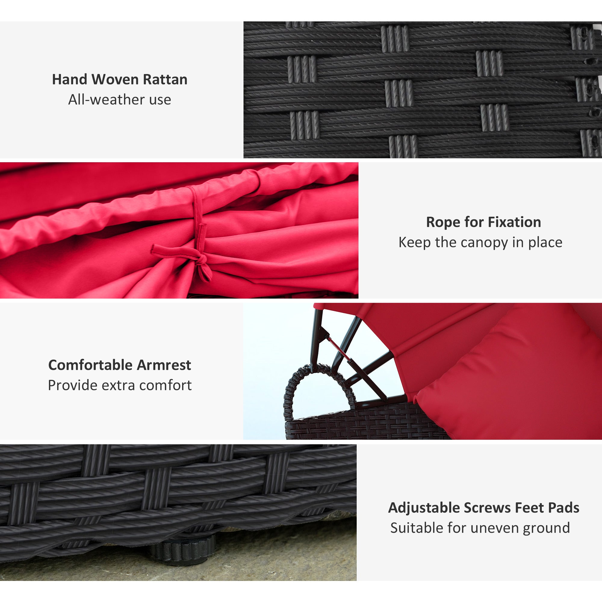 Outsunny 4 Pieces Outdoor Daybed with Retractable Canopy, PE Rattan Wicker Round Sofa Day Bed, Patio Sectional Conversation Furniture Set with Cushions and Pillows, Red