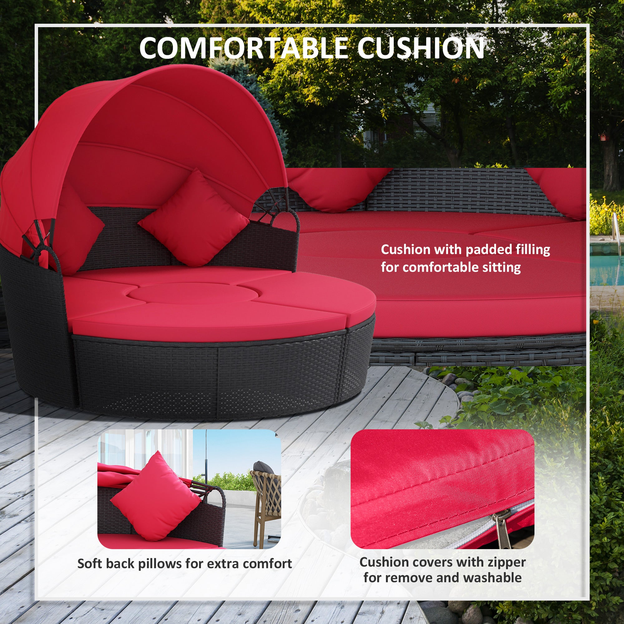 Outsunny 4 Pieces Outdoor Daybed with Retractable Canopy, PE Rattan Wicker Round Sofa Day Bed, Patio Sectional Conversation Furniture Set with Cushions and Pillows, Red