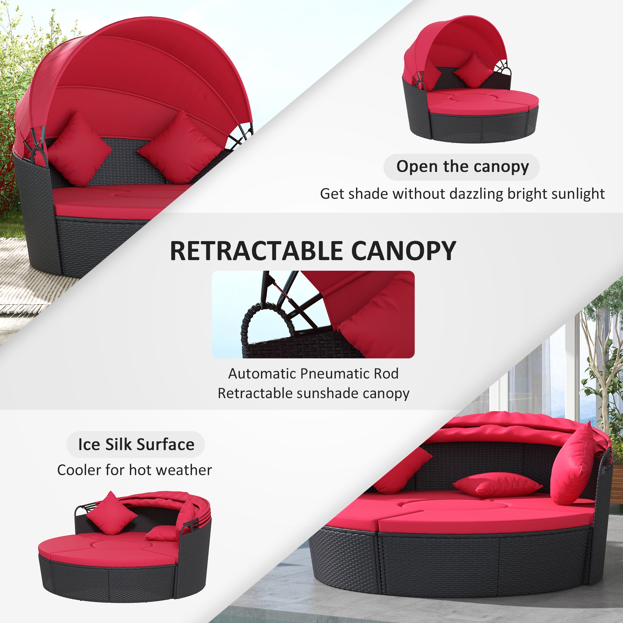 Outsunny 4 Pieces Outdoor Daybed with Retractable Canopy, PE Rattan Wicker Round Sofa Day Bed, Patio Sectional Conversation Furniture Set with Cushions and Pillows, Red