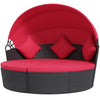 Outsunny 4 Pieces Outdoor Daybed with Retractable Canopy, PE Rattan Wicker Round Sofa Day Bed, Patio Sectional Conversation Furniture Set with Cushions and Pillows, Red