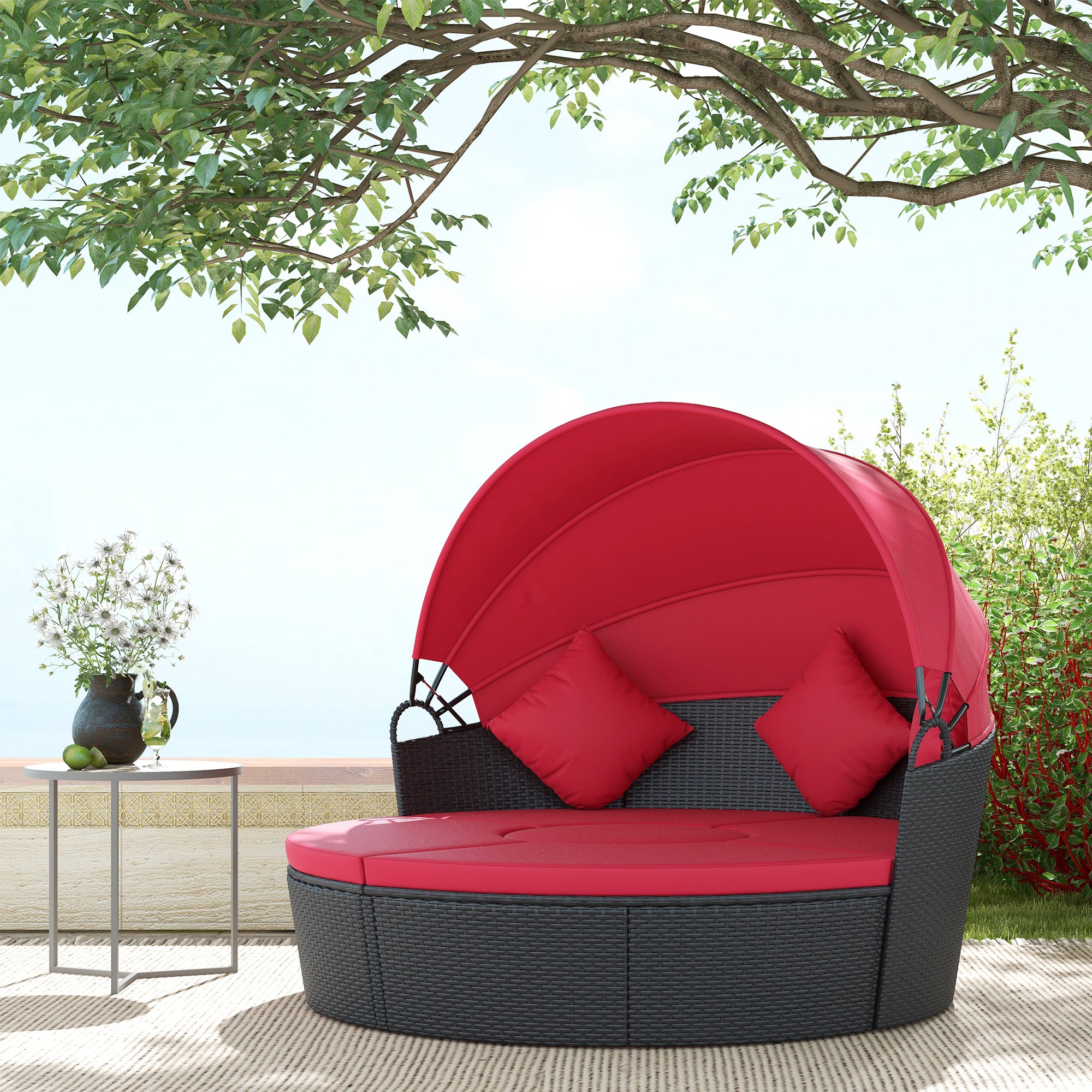 Outsunny 4 Pieces Outdoor Daybed with Retractable Canopy, PE Rattan Wicker Round Sofa Day Bed, Patio Sectional Conversation Furniture Set with Cushions and Pillows, Red