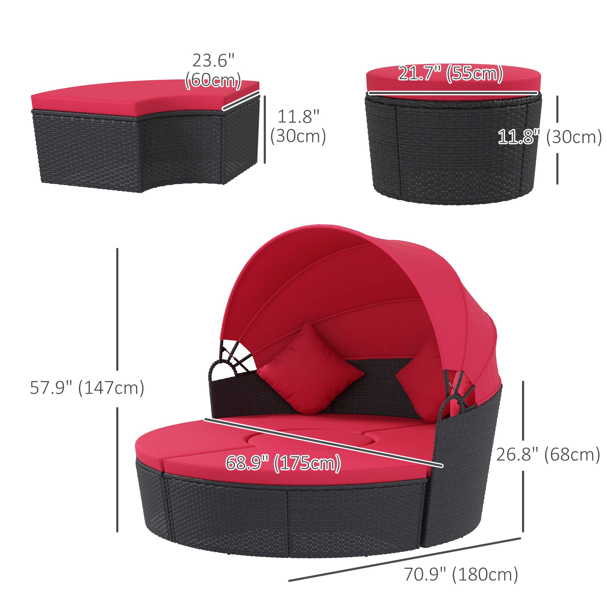 Outsunny 4 Pieces Outdoor Daybed with Retractable Canopy, PE Rattan Wicker Round Sofa Day Bed, Patio Sectional Conversation Furniture Set with Cushions and Pillows, Red