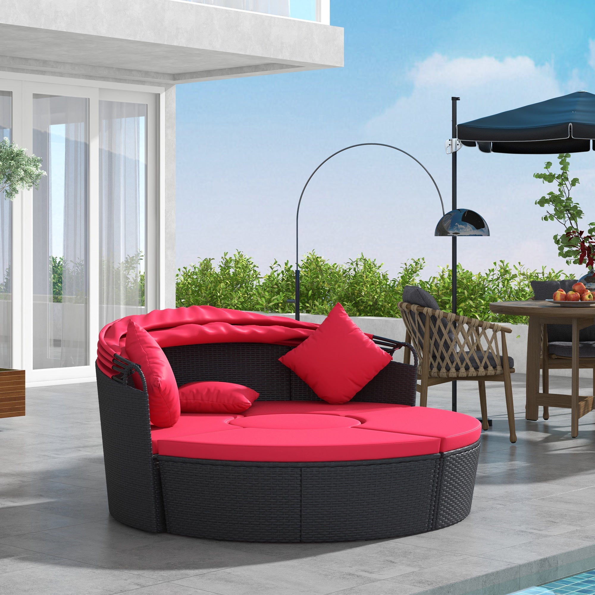 Outsunny 4 Pieces Outdoor Daybed with Retractable Canopy, PE Rattan Wicker Round Sofa Day Bed, Patio Sectional Conversation Furniture Set with Cushions and Pillows, Red
