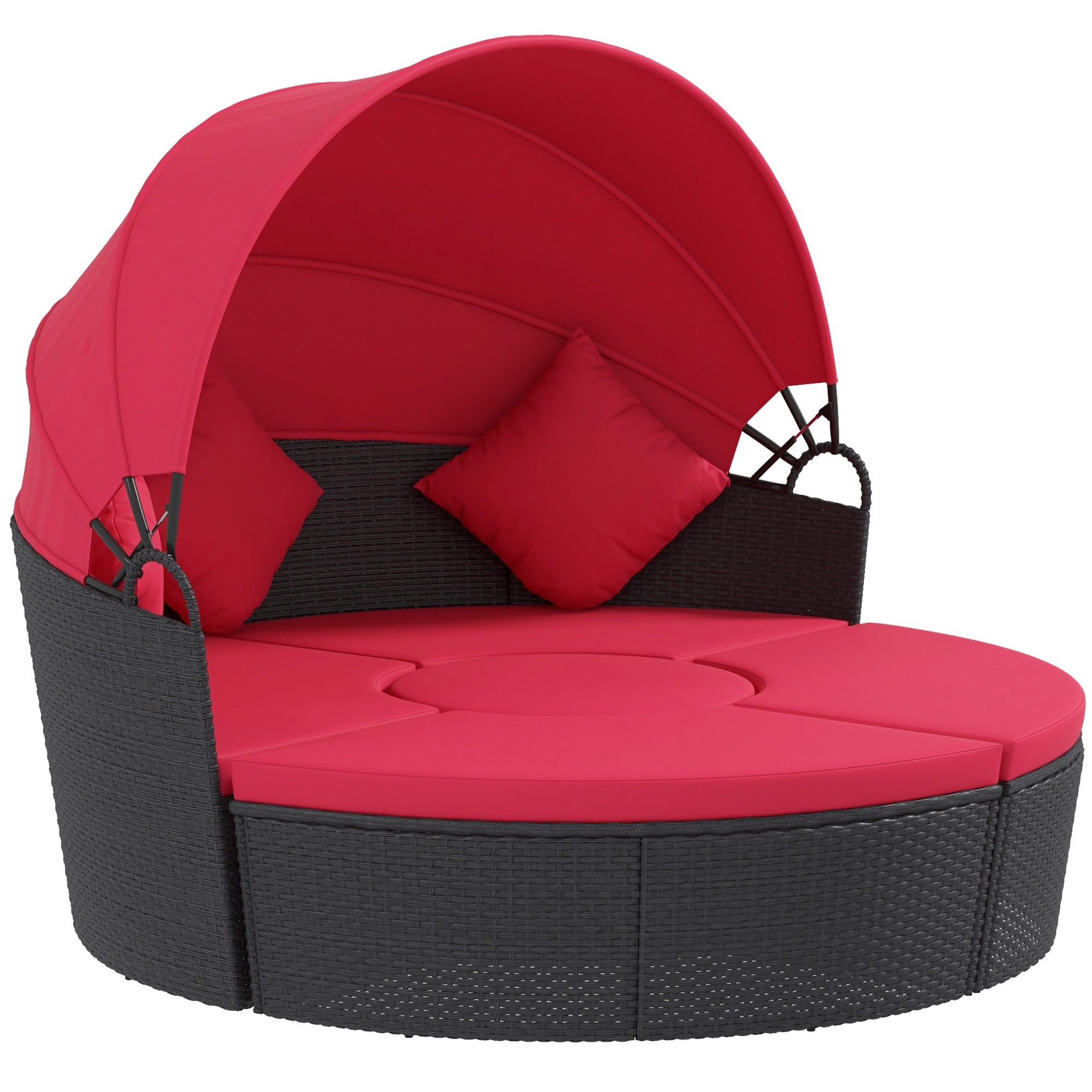Outsunny 4 Pieces Outdoor Daybed with Retractable Canopy, PE Rattan Wicker Round Sofa Day Bed, Patio Sectional Conversation Furniture Set with Cushions and Pillows, Red