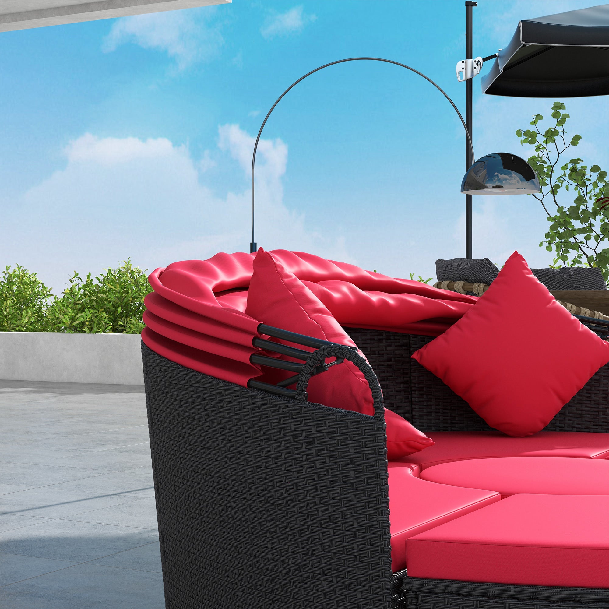Outsunny 4 Pieces Outdoor Daybed with Retractable Canopy, PE Rattan Wicker Round Sofa Day Bed, Patio Sectional Conversation Furniture Set with Cushions and Pillows, Red