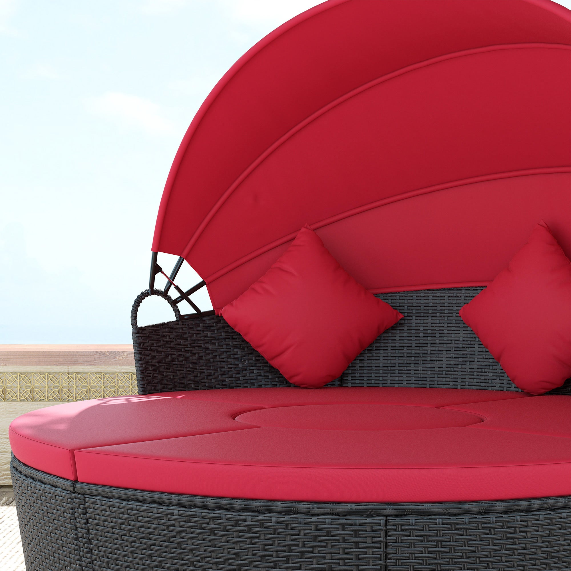Outsunny 4 Pieces Outdoor Daybed with Retractable Canopy, PE Rattan Wicker Round Sofa Day Bed, Patio Sectional Conversation Furniture Set with Cushions and Pillows, Red