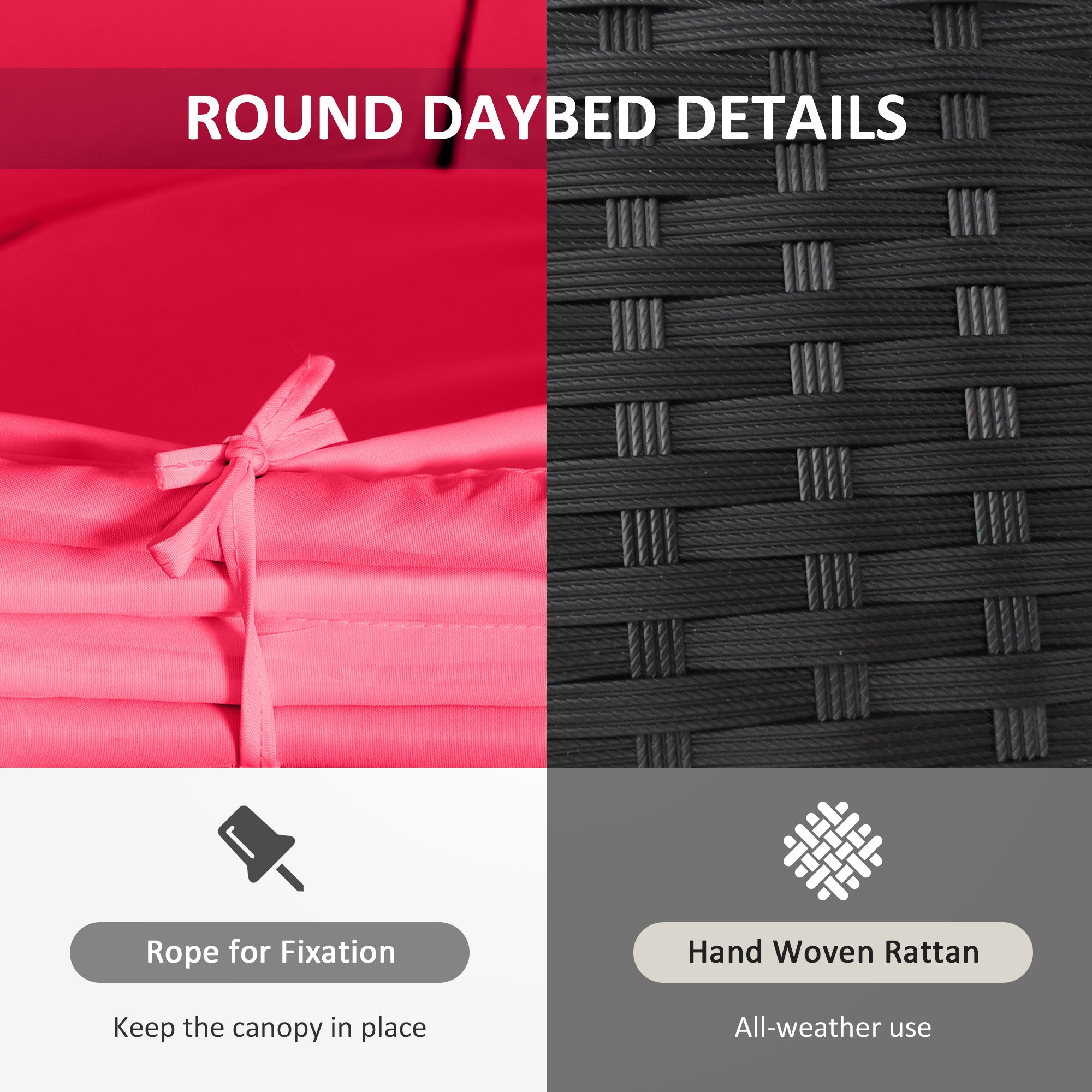 Outsunny 4 Pieces Outdoor Daybed with Retractable Canopy, PE Rattan Wicker Round Sofa Day Bed, Patio Sectional Conversation Furniture Set with Cushions and Pillows, Red