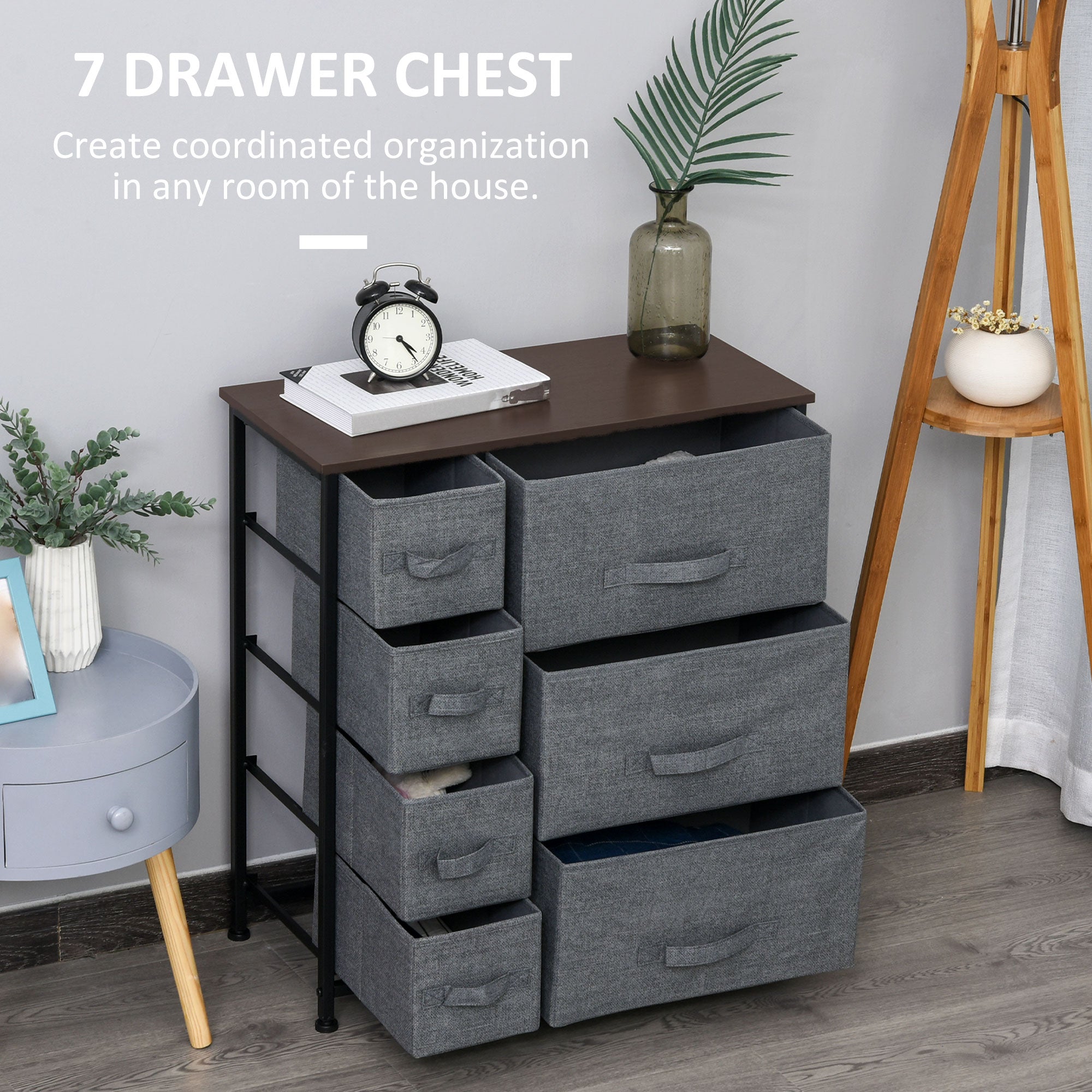 HOMCOM Dresser for Bedroom with 7 Drawers, Chest of Drawers with Metal Frame,  Fabric Dresser for Living Room, Entryway, Hallway, Dark Grey