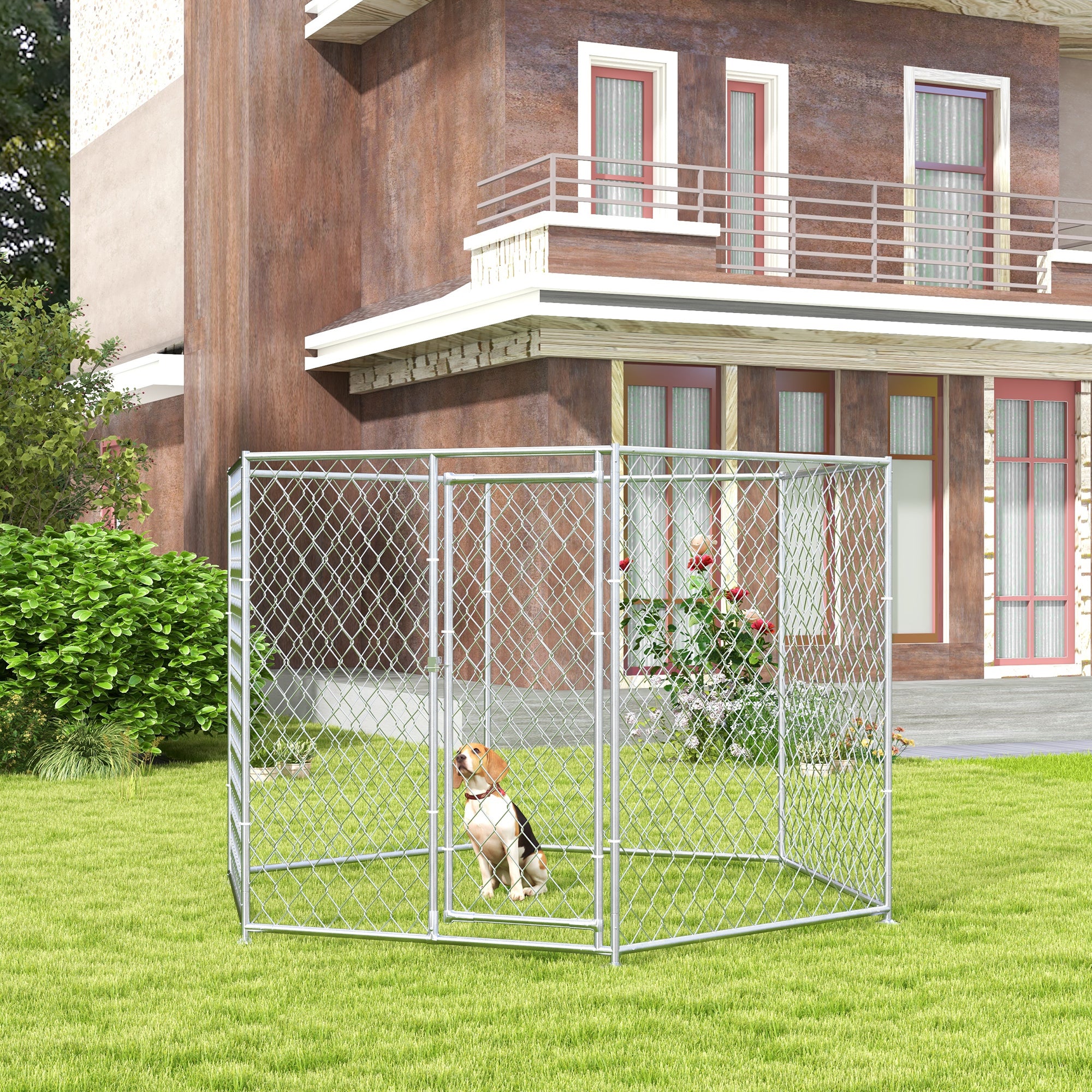 PawHut 9.2' x 8' x 5.6' Dog Kennel Outside, Heavy Duty Chain Link Dog Run Playpen Fence with Lockable Door, for Medium and Large-Sized Puppy, Silver