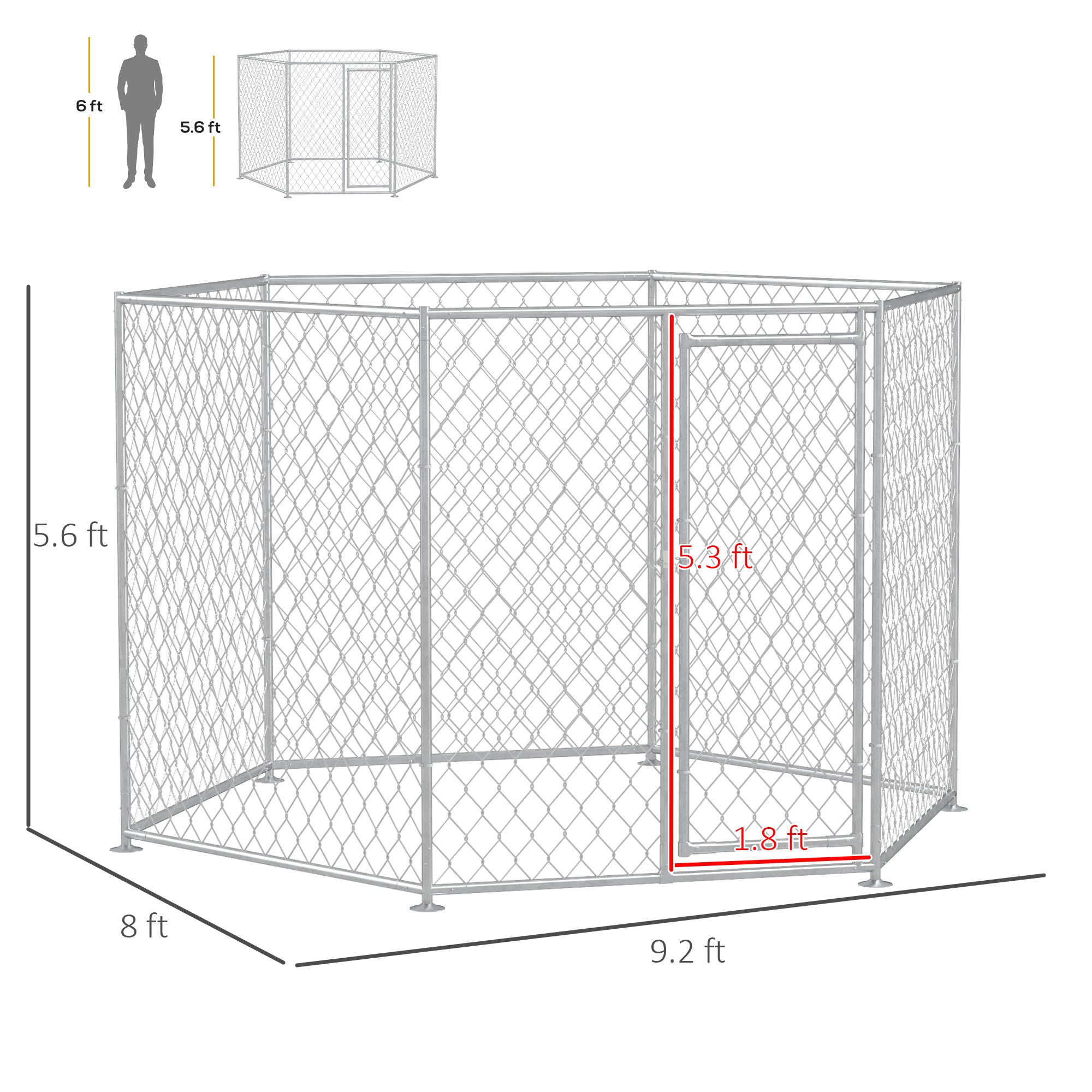 PawHut 9.2' x 8' x 5.6' Dog Kennel Outside, Heavy Duty Chain Link Dog Run Playpen Fence with Lockable Door, for Medium and Large-Sized Puppy, Silver